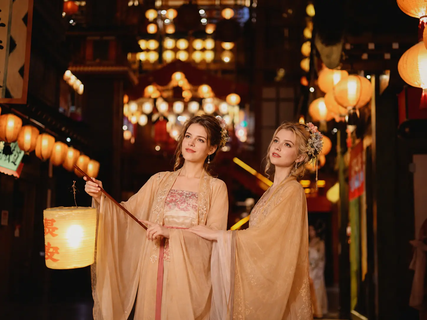 Two travelers in Hanfu holding a lantern on a lantern-lit Beijing alley during a night photoshoot.