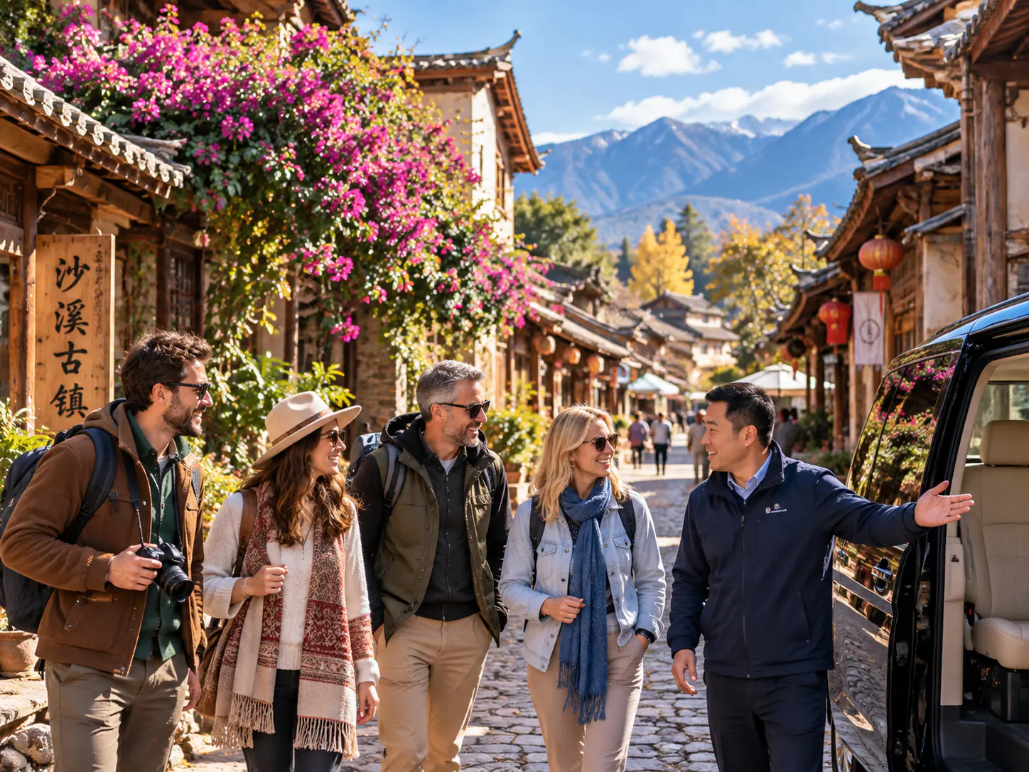 Internationale Reisende treffen ihren chinesischen Privatfahrer neben einem Minivan auf einer traditionellen Straße in der alten Stadt Shaxi, Yunnan