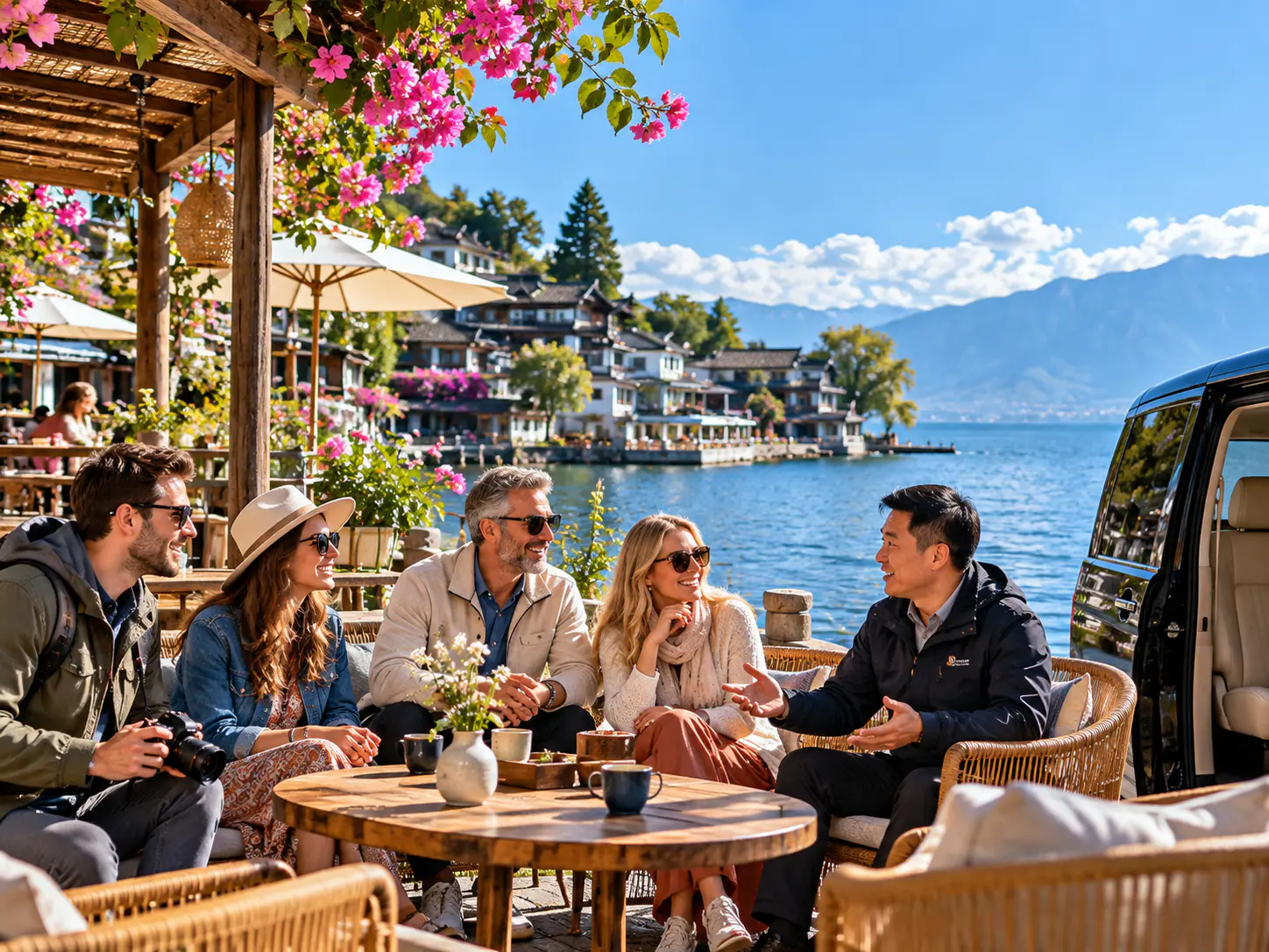 Internationale Reisende sprechen mit ihrem chinesischen Fahrer neben einem privaten Minivan an einem Café am See mit Blick auf den Erhai-See in der Nähe von Shuanglang, Dali