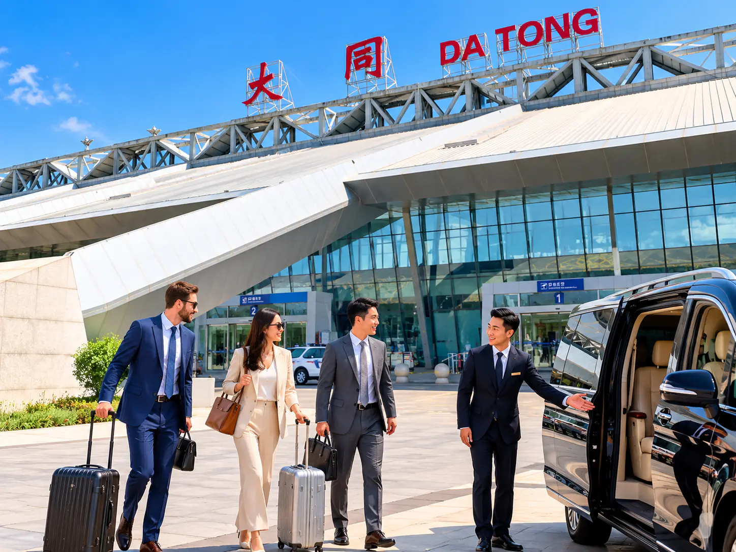 Drei internationale Passagiere mit Koffern treffen ihren Chauffeur neben einem privaten Van außerhalb eines Terminals in Datong.