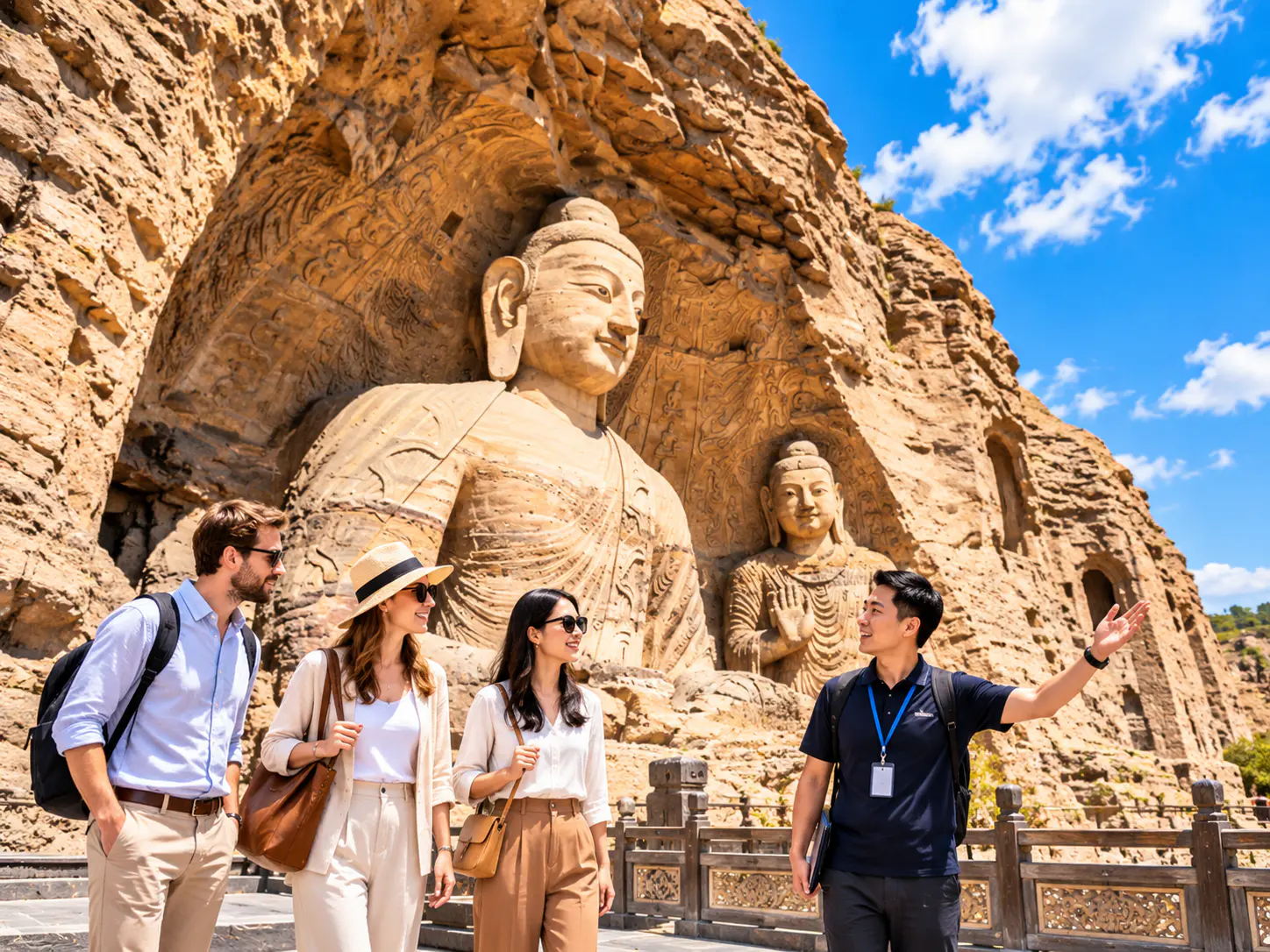 Drei internationale Touristen erkunden die monumentalen buddhistischen Steinreliefs in den Yungang-Grotten mit einem einheimischen Führer.