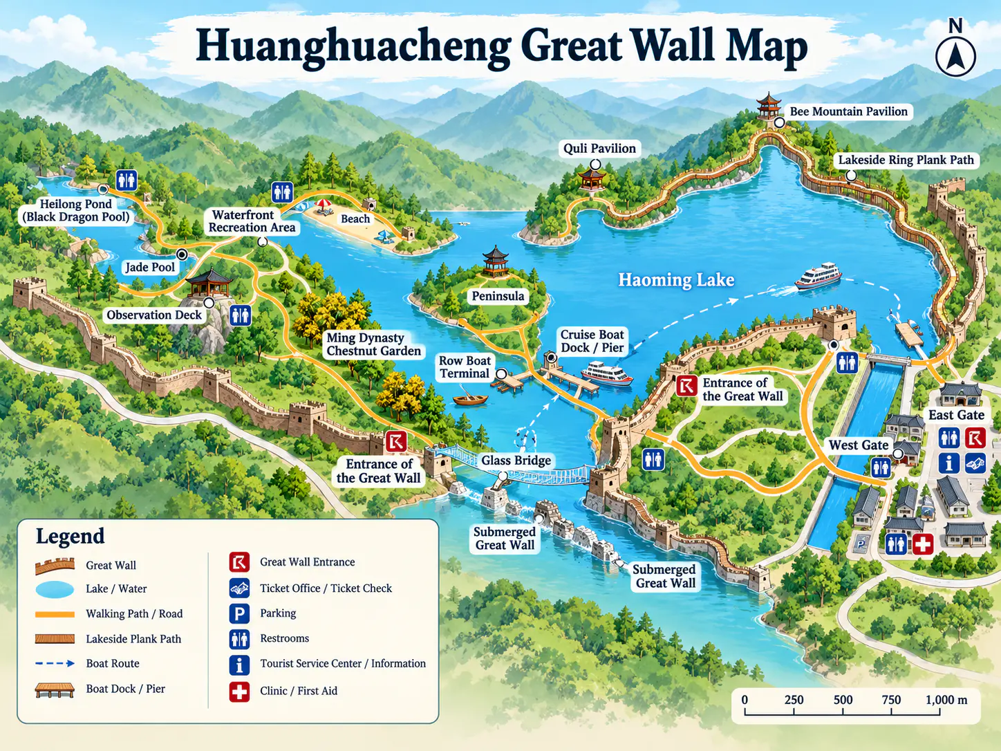 Illustrated Huanghuacheng Water Great Wall map showing the lake, entrances, lakeside paths, boat docks and wall sections