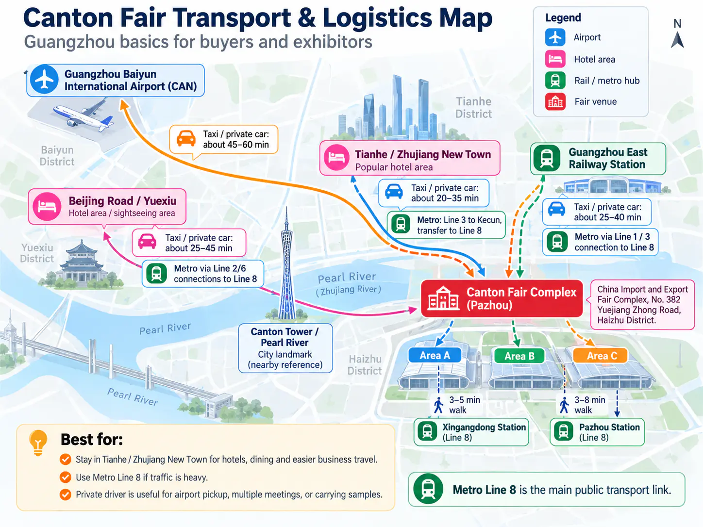 Map showing transport between Guangzhou Baiyun Airport, Tianhe, Yuexiu and the Canton Fair Complex in Pazhou