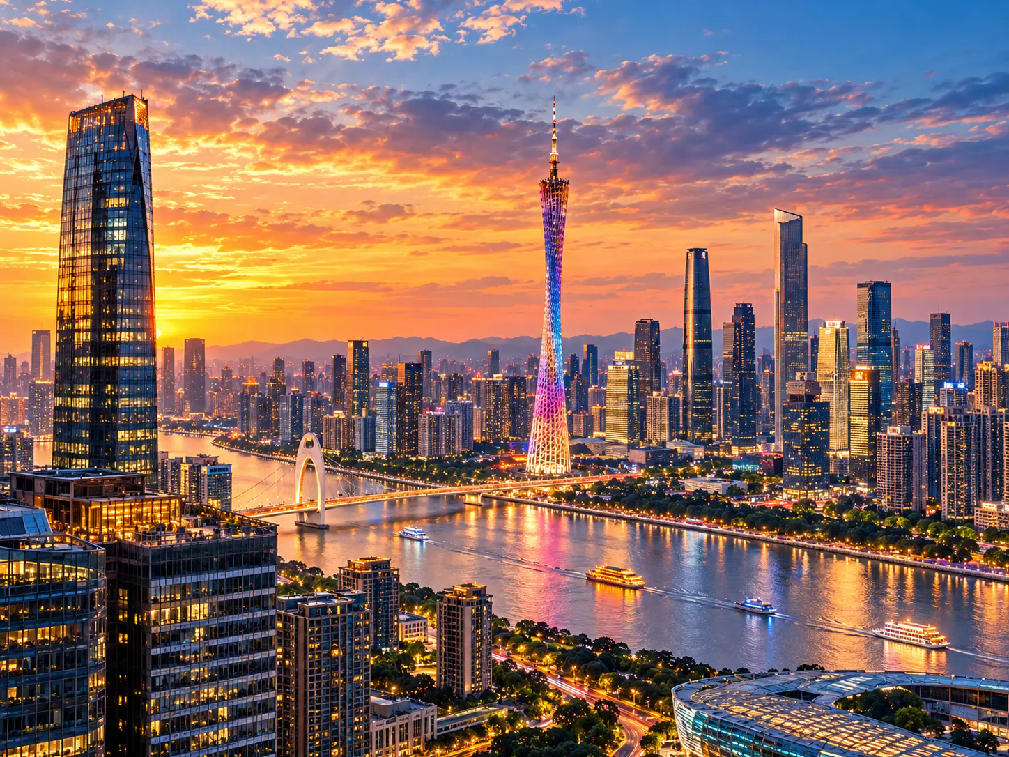 Guangzhou skyline at sunset with Canton Tower, modern skyscrapers and the Pearl River
