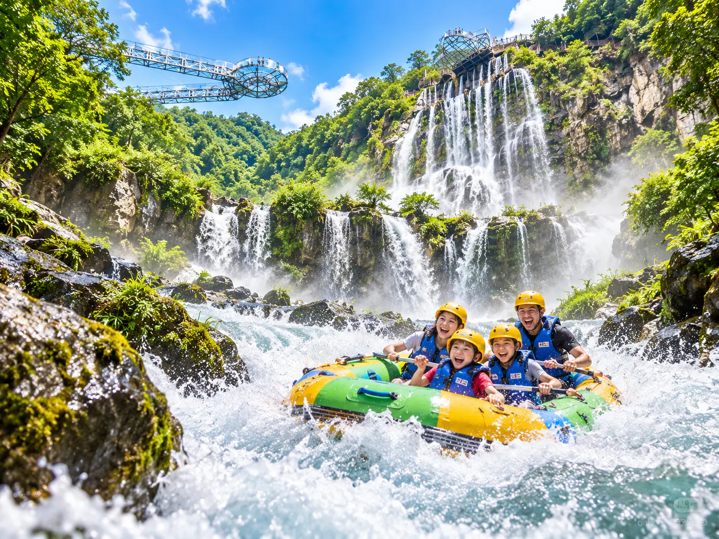 Family rafting through whitewater below cascading waterfalls at Gulong Gorge near Qingyuan, Guangdong
