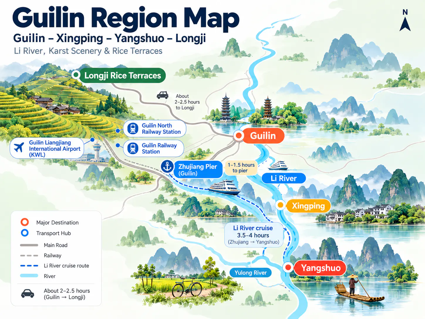 Illustrated map showing Guilin, Xingping, Yangshuo, Longji Rice Terraces, the Li River, airport and railway stations.