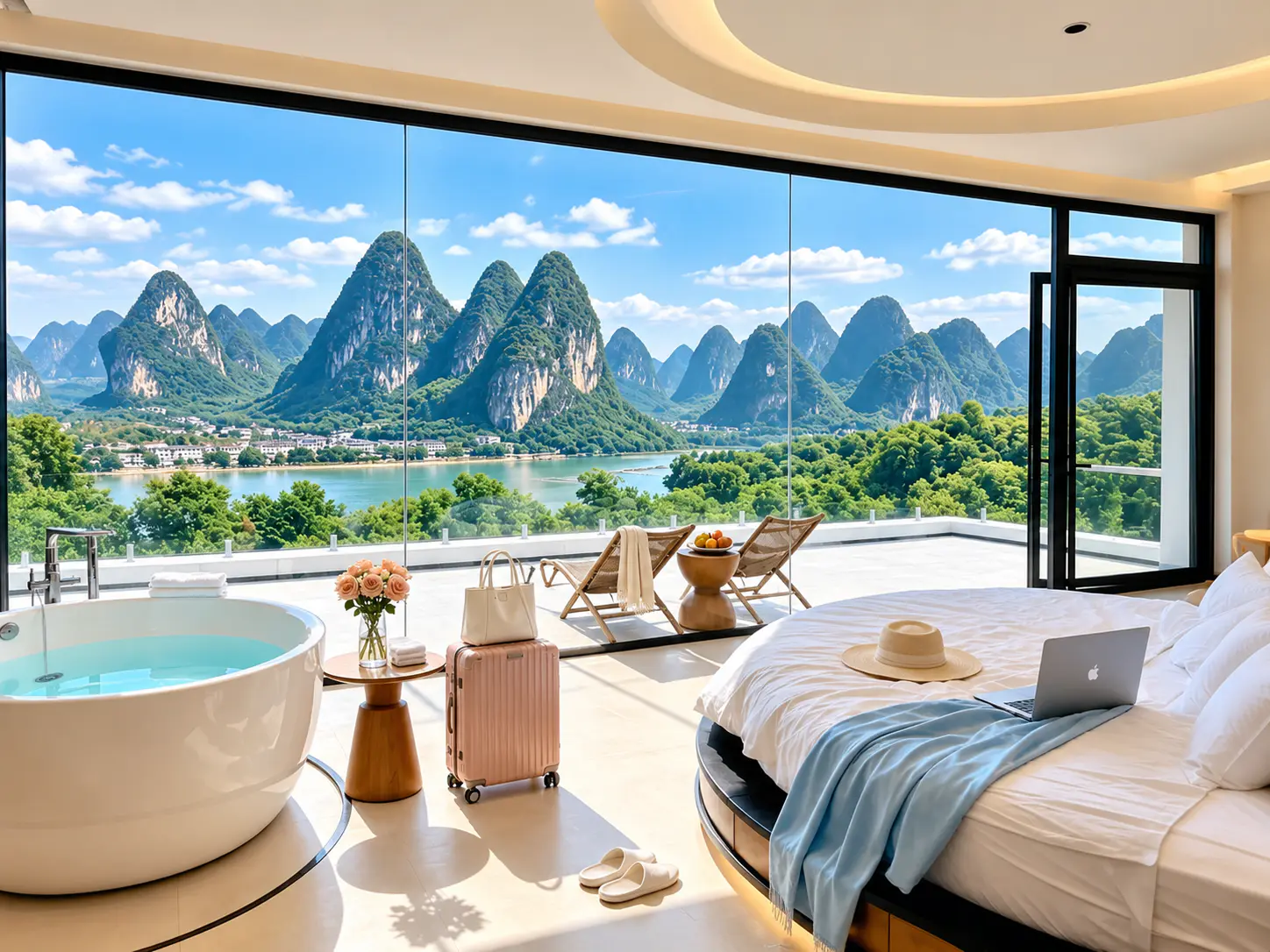 Hotel room and terrace overlooking the karst countryside near Yangshuo.