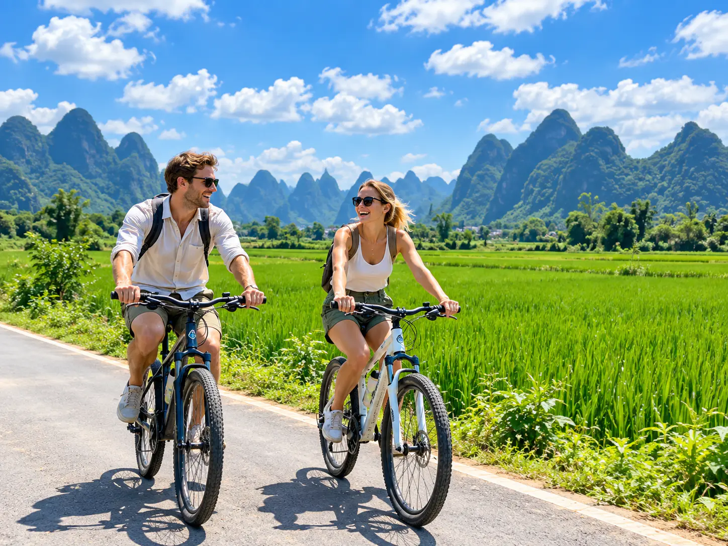 Reisende, die durch grüne Felder unter Kalksteinbergen in der Nähe von Yangshuo radeln