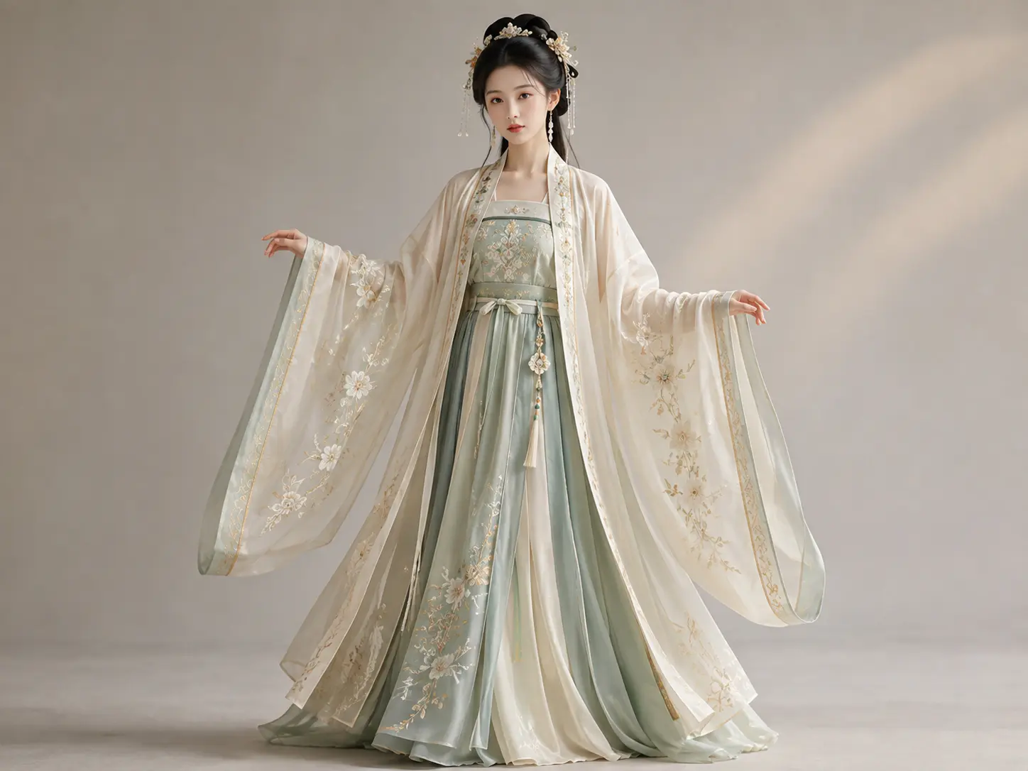 A person wearing a traditional Hanfu dress with floral embroidery and flowing sleeves.