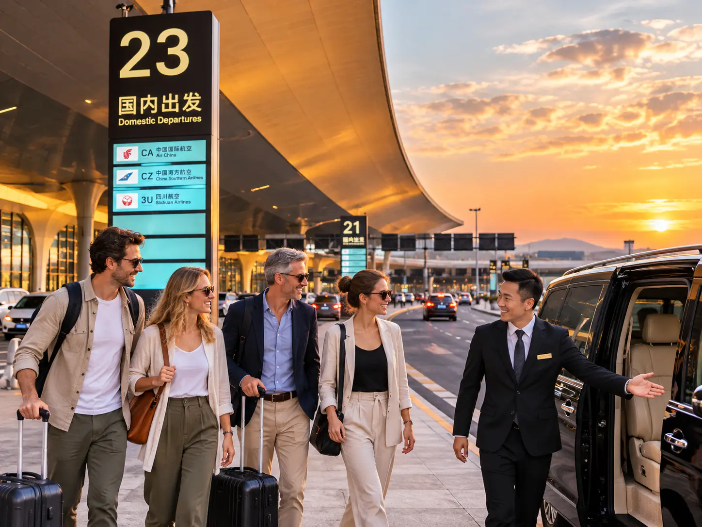 Vier internationale Passagiere mit Gepäck treffen ihren Chauffeur neben einem Luxusvan am Hangzhou Airport bei Sonnenuntergang.