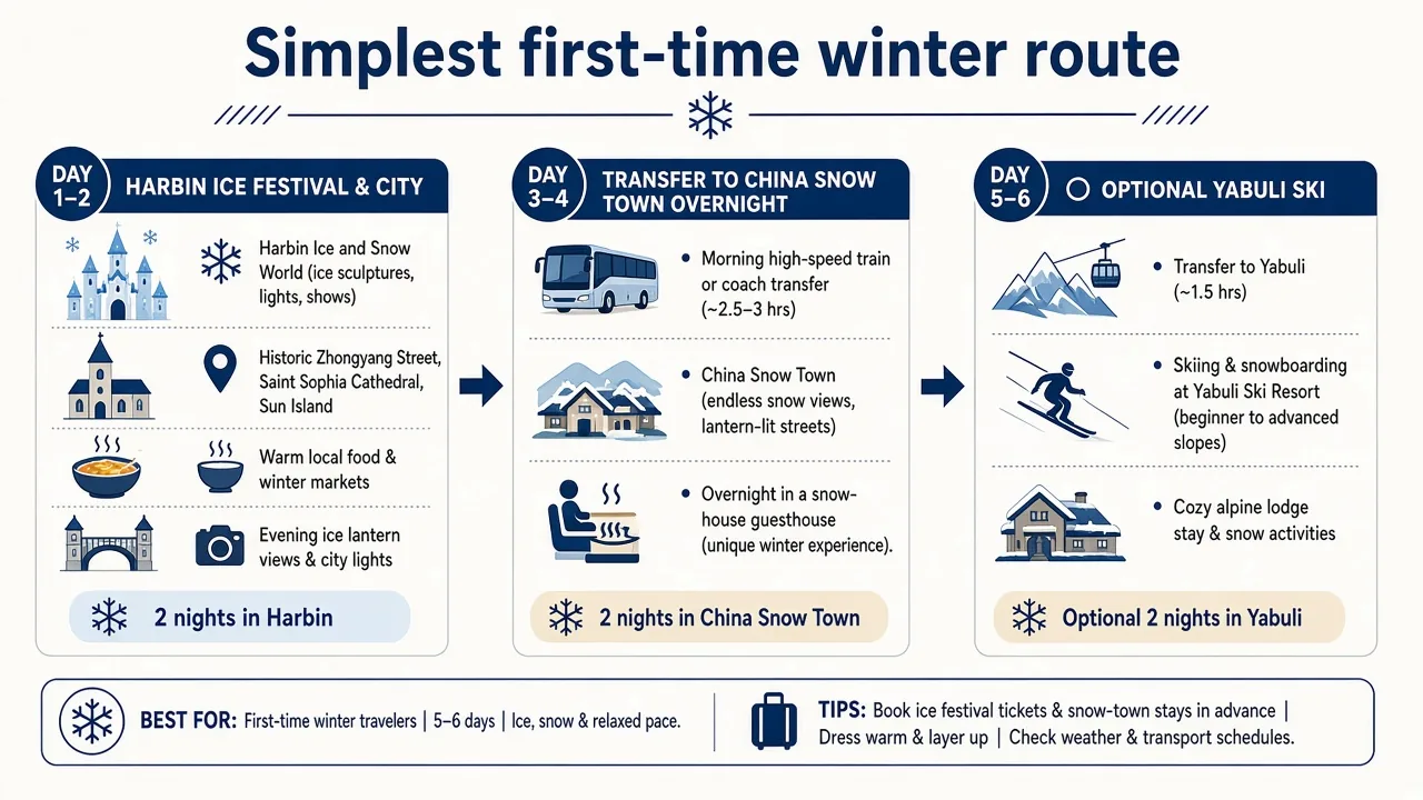 Simplest first-time Harbin winter route: Ice Festival city days, an optional China Snow Town overnight, then optional Yabuli skiing before departure