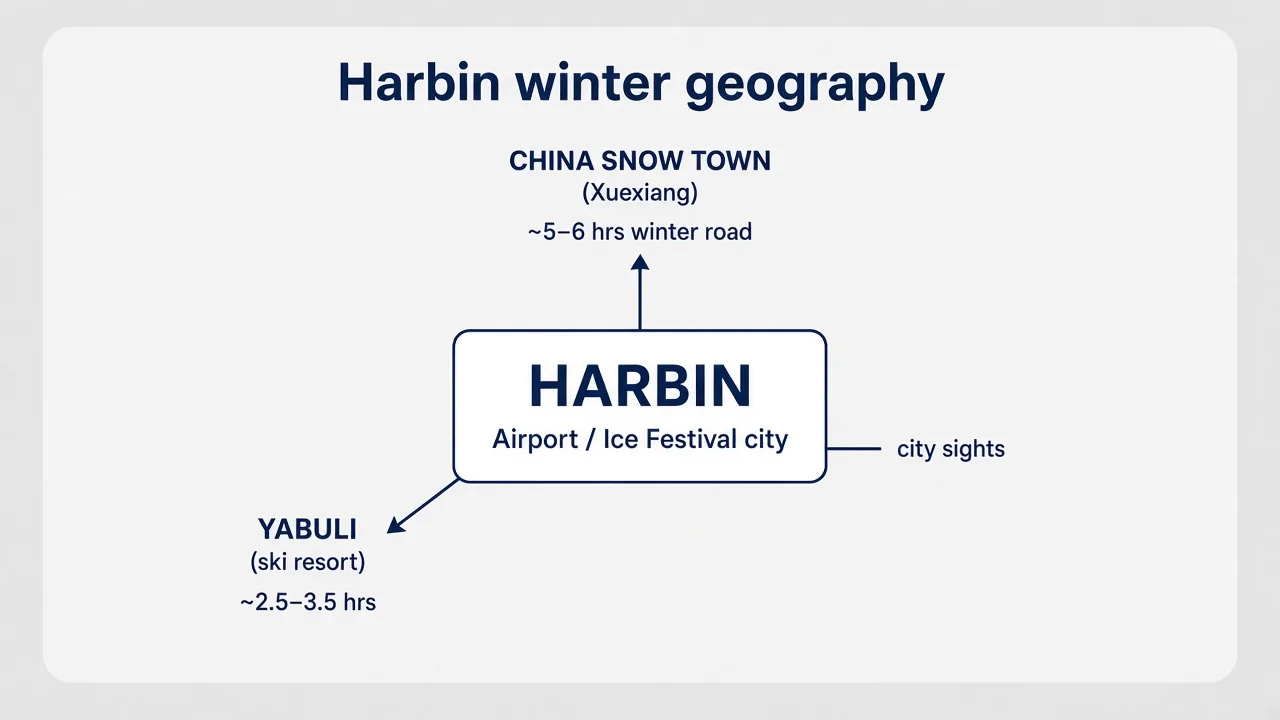 Diagram of Harbin winter geography: China Snow Town about 5 to 6 hours by winter road, Yabuli ski resort about 2.5 to 3.5 hours, and city sights in Harbin