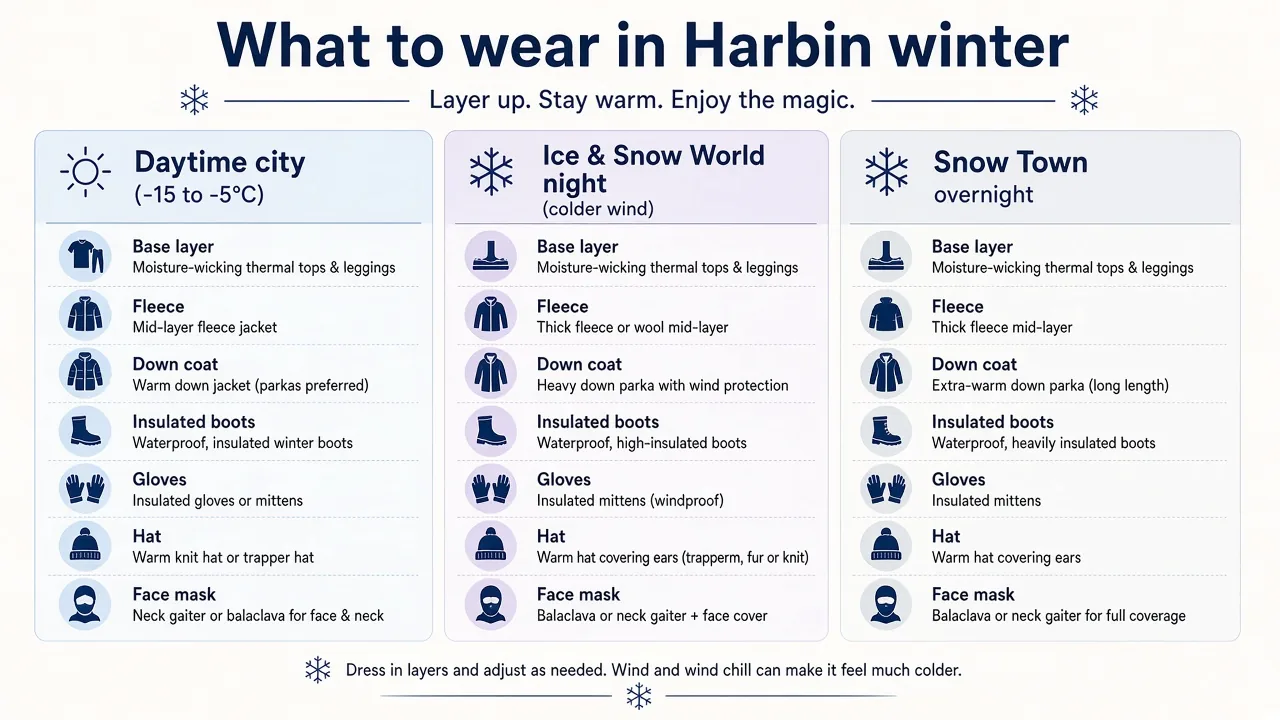 What to wear in Harbin winter: layers for a daytime city walk, an Ice and Snow World night, and a Snow Town overnight