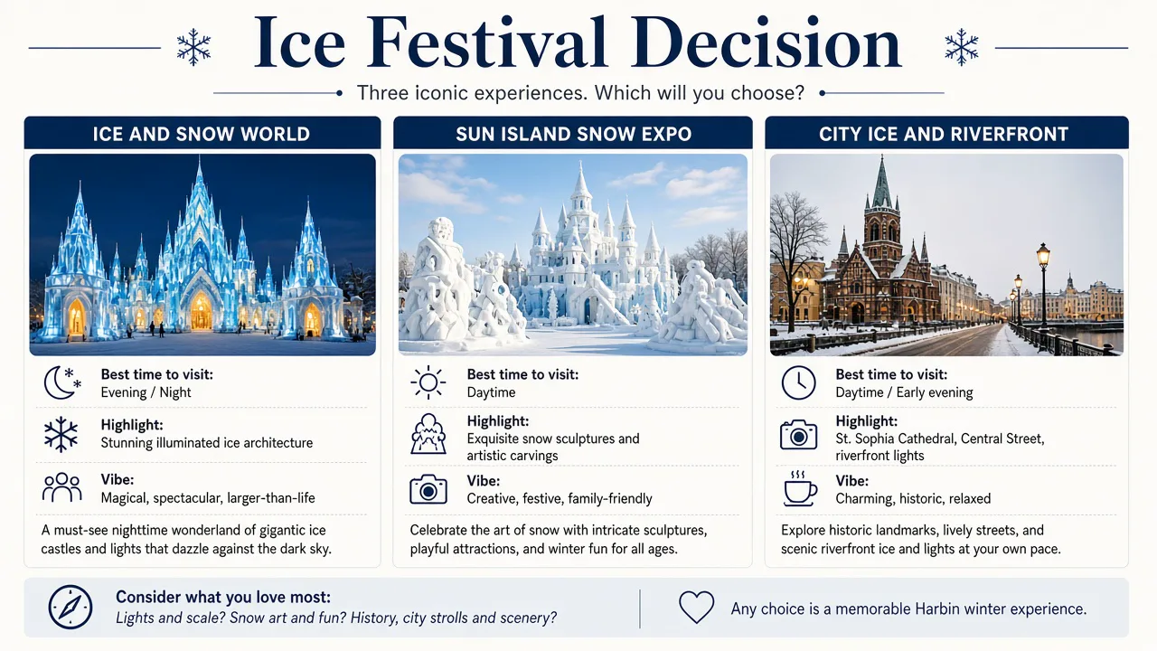 Ice and Snow World at night, Sun Island snow sculptures by day, and Harbin city ice compared