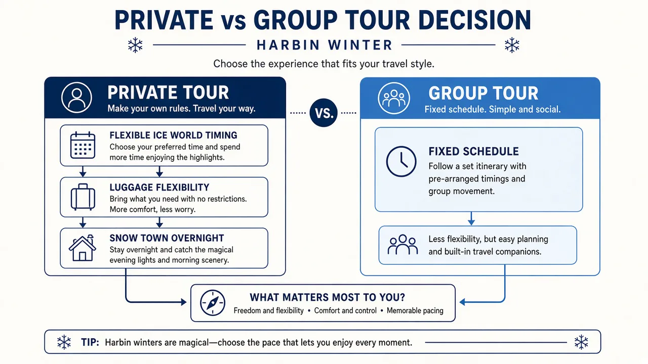 When a private Harbin route helps versus a fixed group coach, including Snow Town overnights