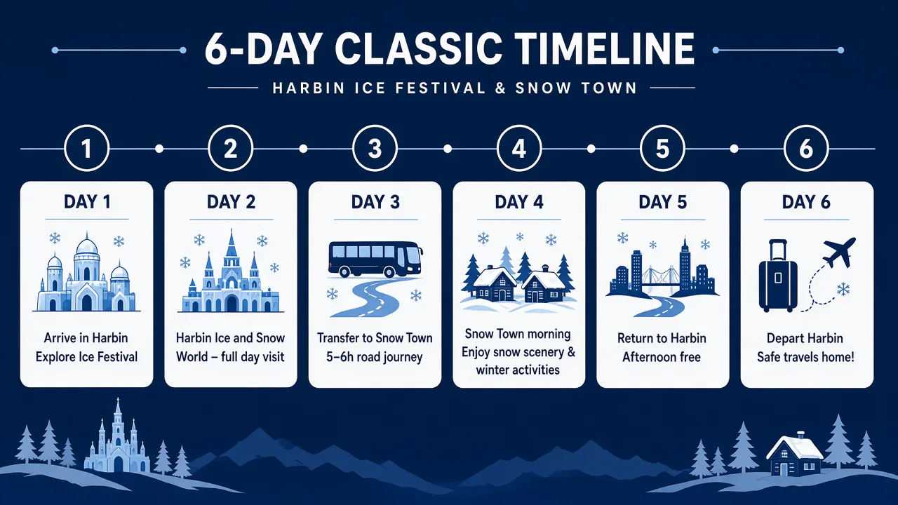 6-day Classic Harbin route with city ice days and a China Snow Town overnight