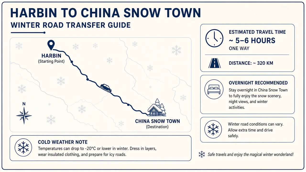 Winter road transfer from Harbin to China Snow Town, about 5 to 6 hours, with an overnight