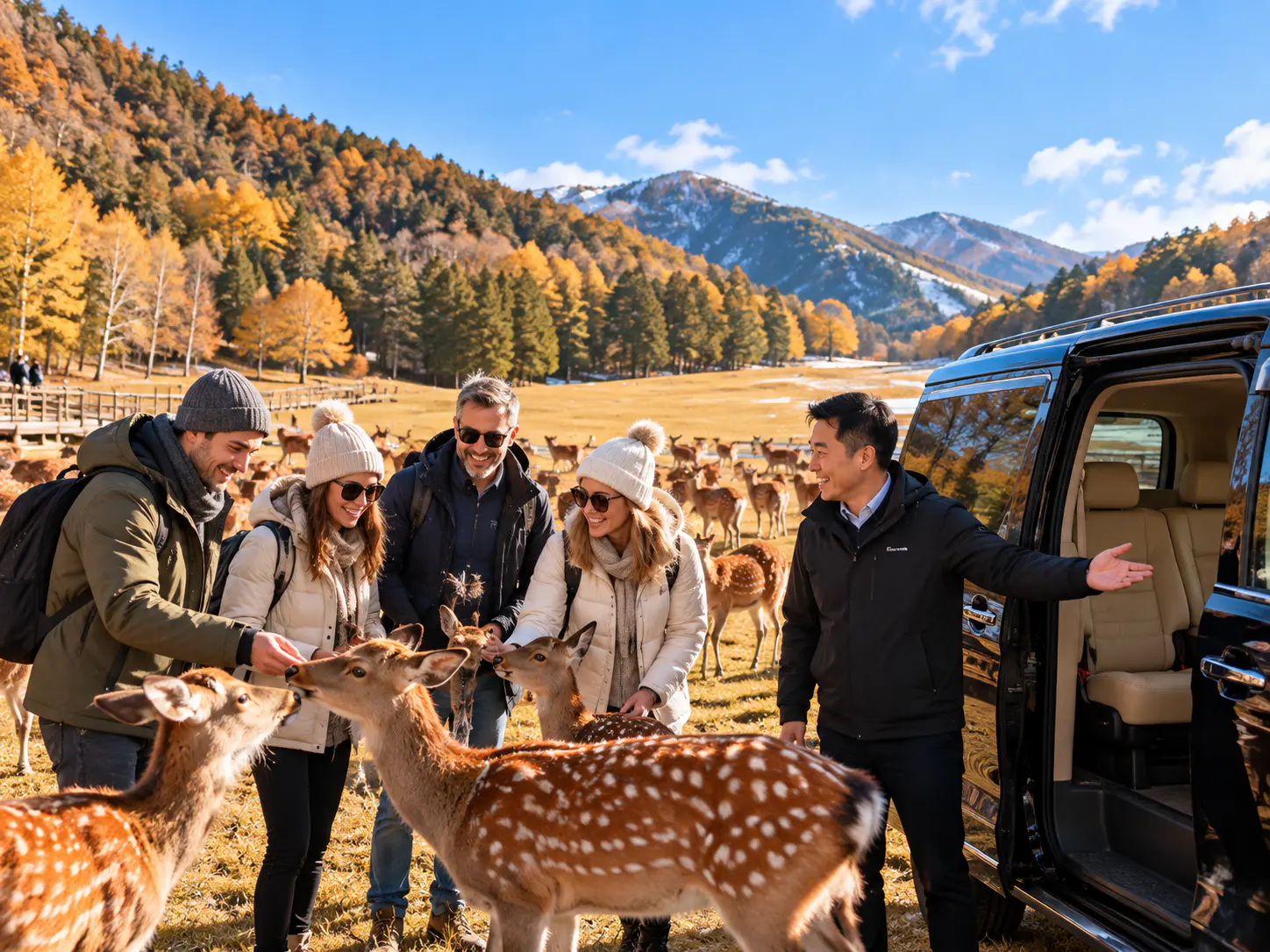 Internationale Reisende mit einem chinesischen Privatchauffeur neben einem Minivan bereit für eine regionale Heilongjiang-Straßenreise