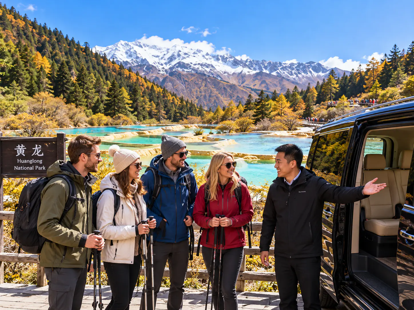 Internationale Reisende treffen ihren chinesischen Fahrer neben einem privaten Minivan in der Nähe der türkisfarbenen Travertinterrassen und Berglandschaften des Huanglong-Nationalparks