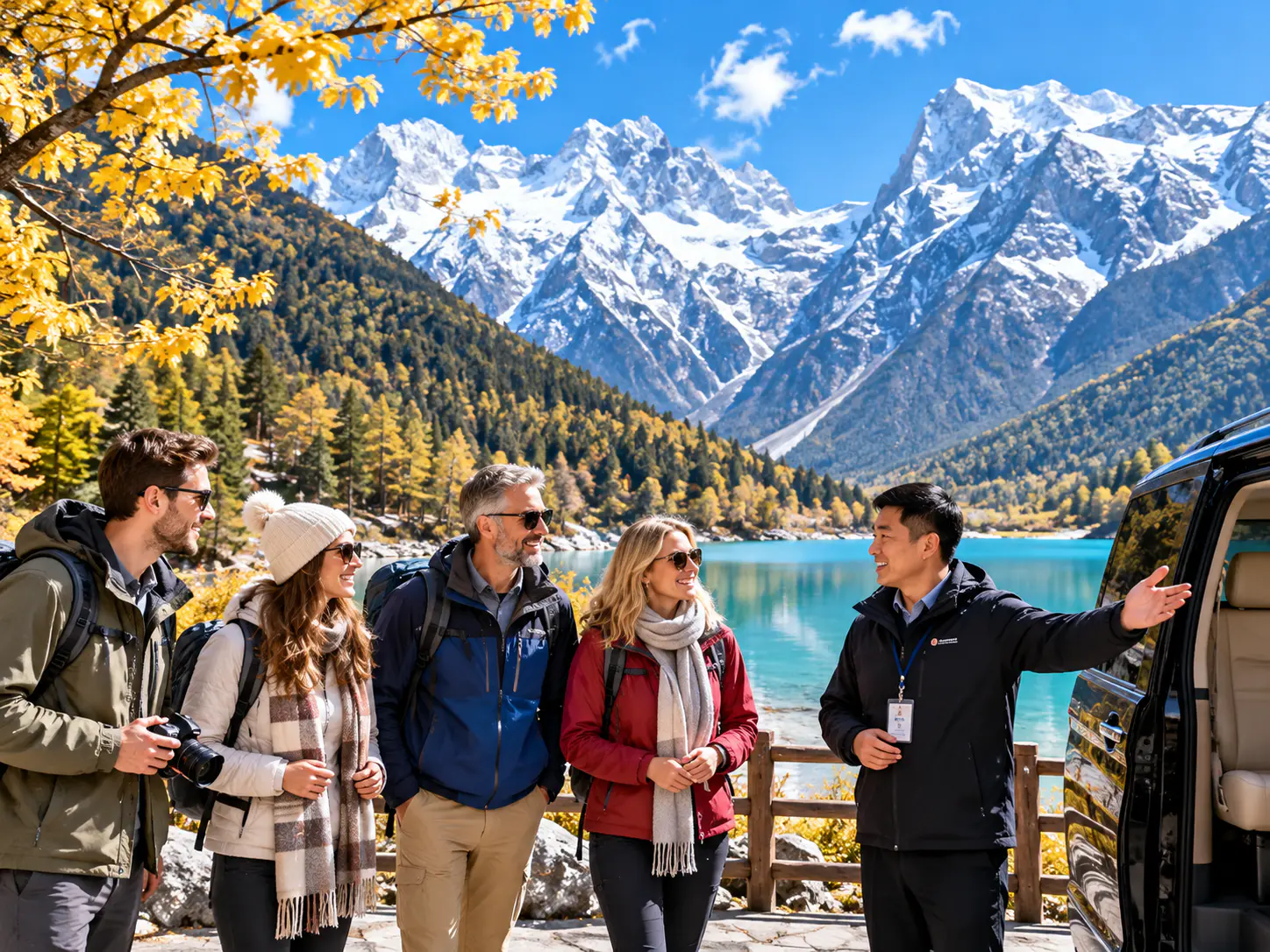 Internationale Reisende treffen neben einem privaten Minivan auf einen chinesischen Fahrer mit einem Gebirgssee und dem schneebedeckten Jade-Drachen-Schneeberg im Hintergrund
