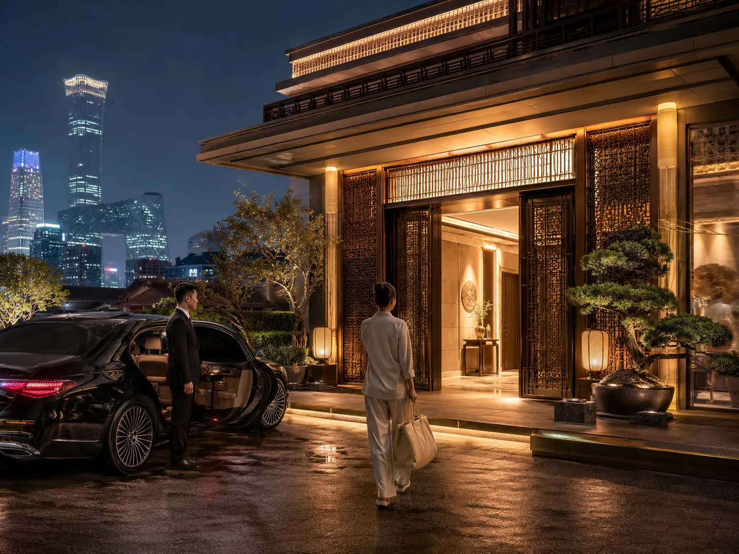 A chauffeur waiting by a car at a luxury hotel entrance at night.