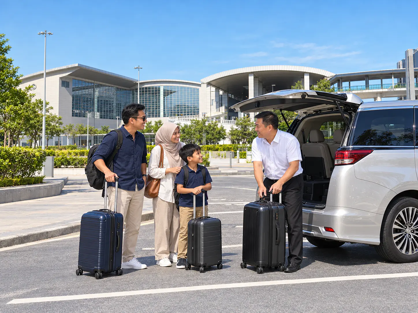 Conductor chino ayudando a una familia con el equipaje junto a una furgoneta MPV fuera de la Terminal de Ferrys de Taipa.