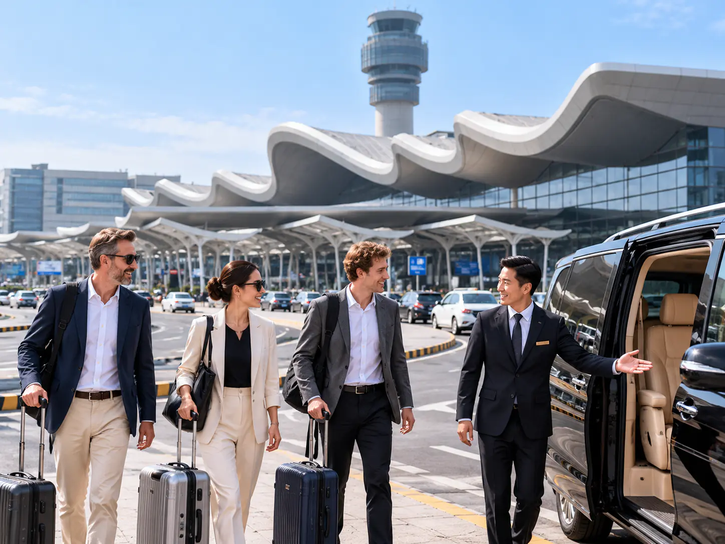 Drei internationale Reisende mit Gepäck treffen ihren Chauffeur neben einem schwarzen Luxusvan außerhalb eines Terminals.