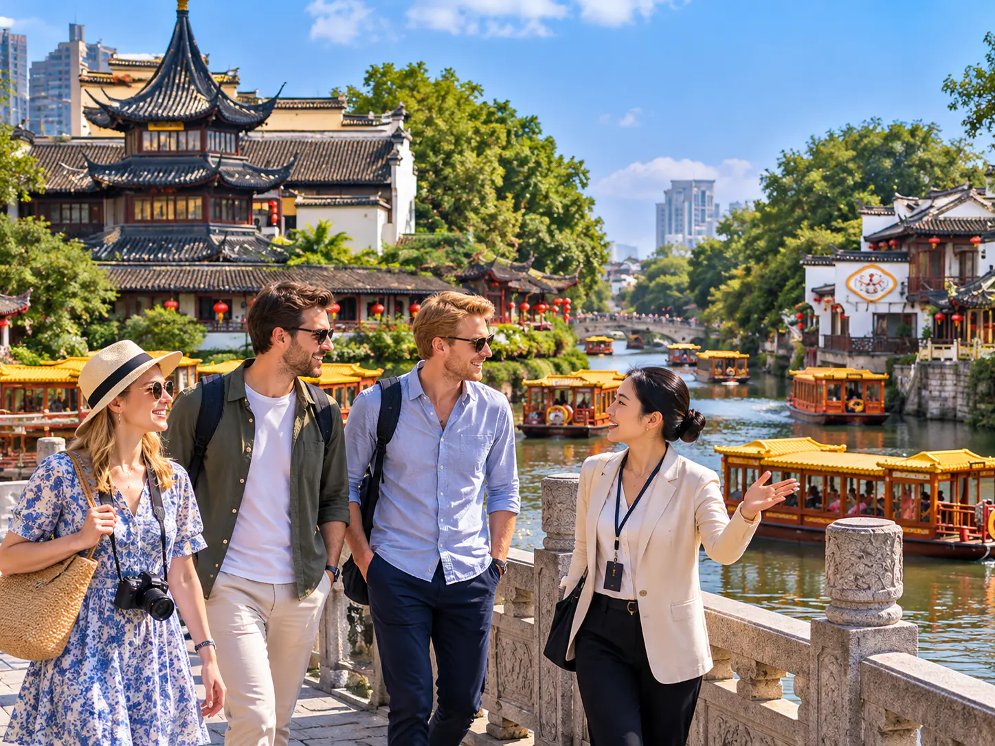 Drei internationale Besucher erkunden ein historisches chinesisches Kanalviertel mit traditionellen Booten und Gebäuden am Wasser.