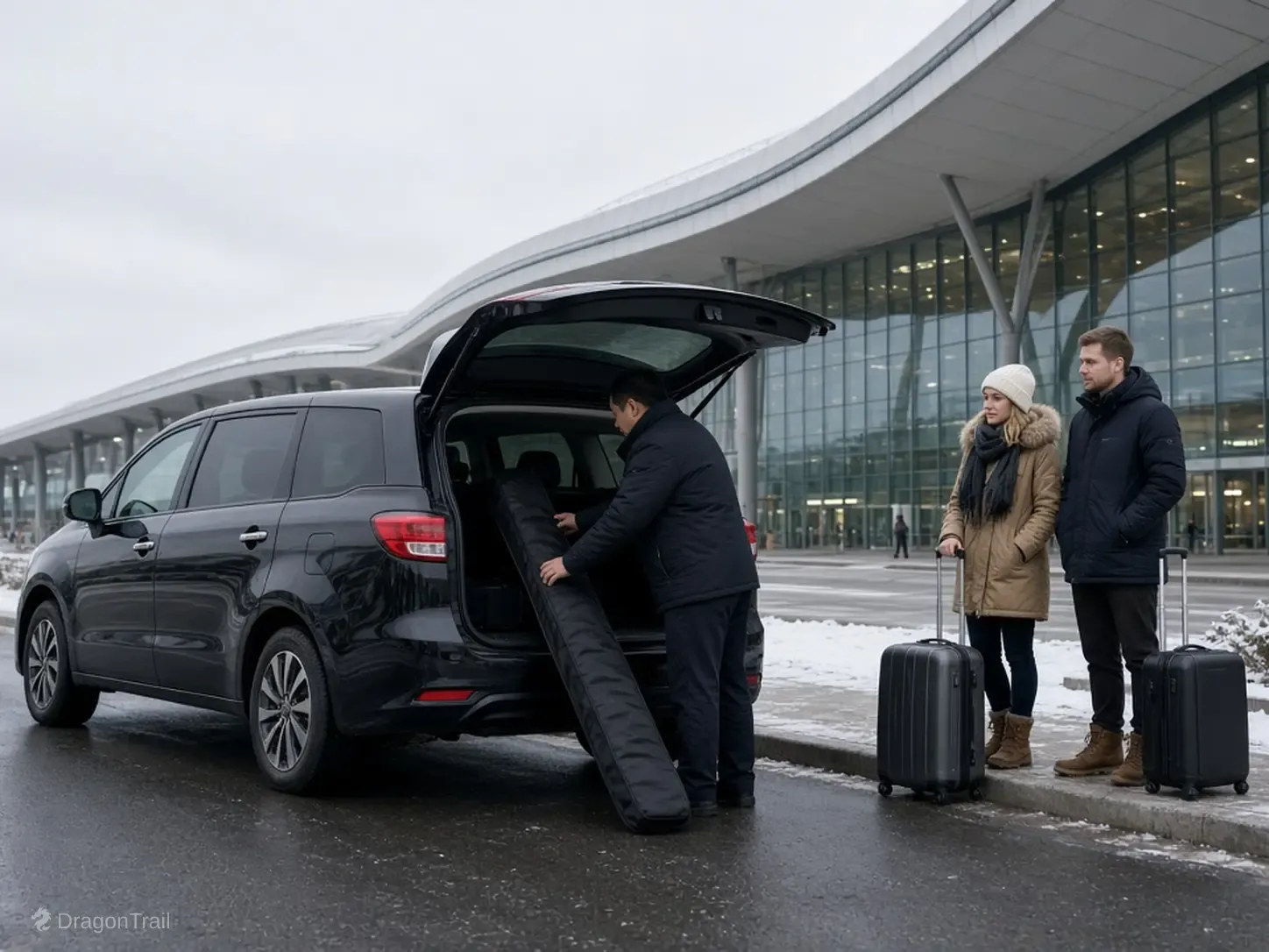 A Chinese driver loads a ski bag into the back of a black MPV while two travelers in winter coats wait with suitcases outside Changchun Longjia Airport Terminal 2 in the snow