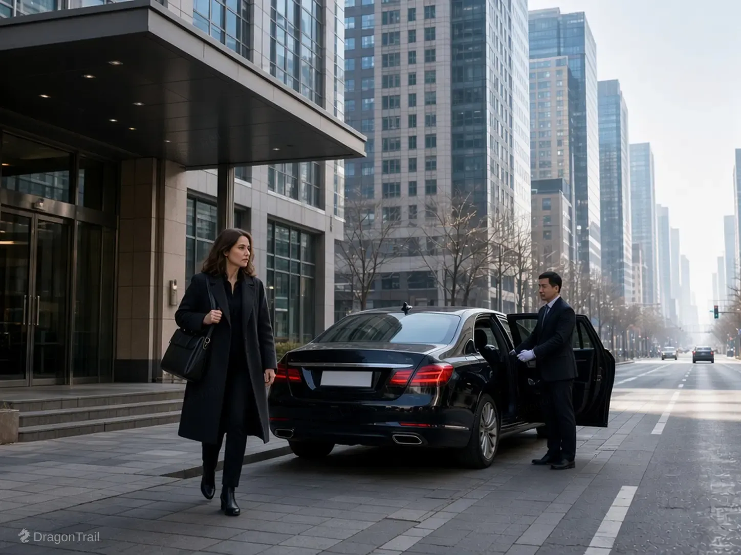 A business traveler with a shoulder bag walks from a hotel entrance toward a black executive sedan as the Chinese driver holds the door, on Renmin Street, Changchun