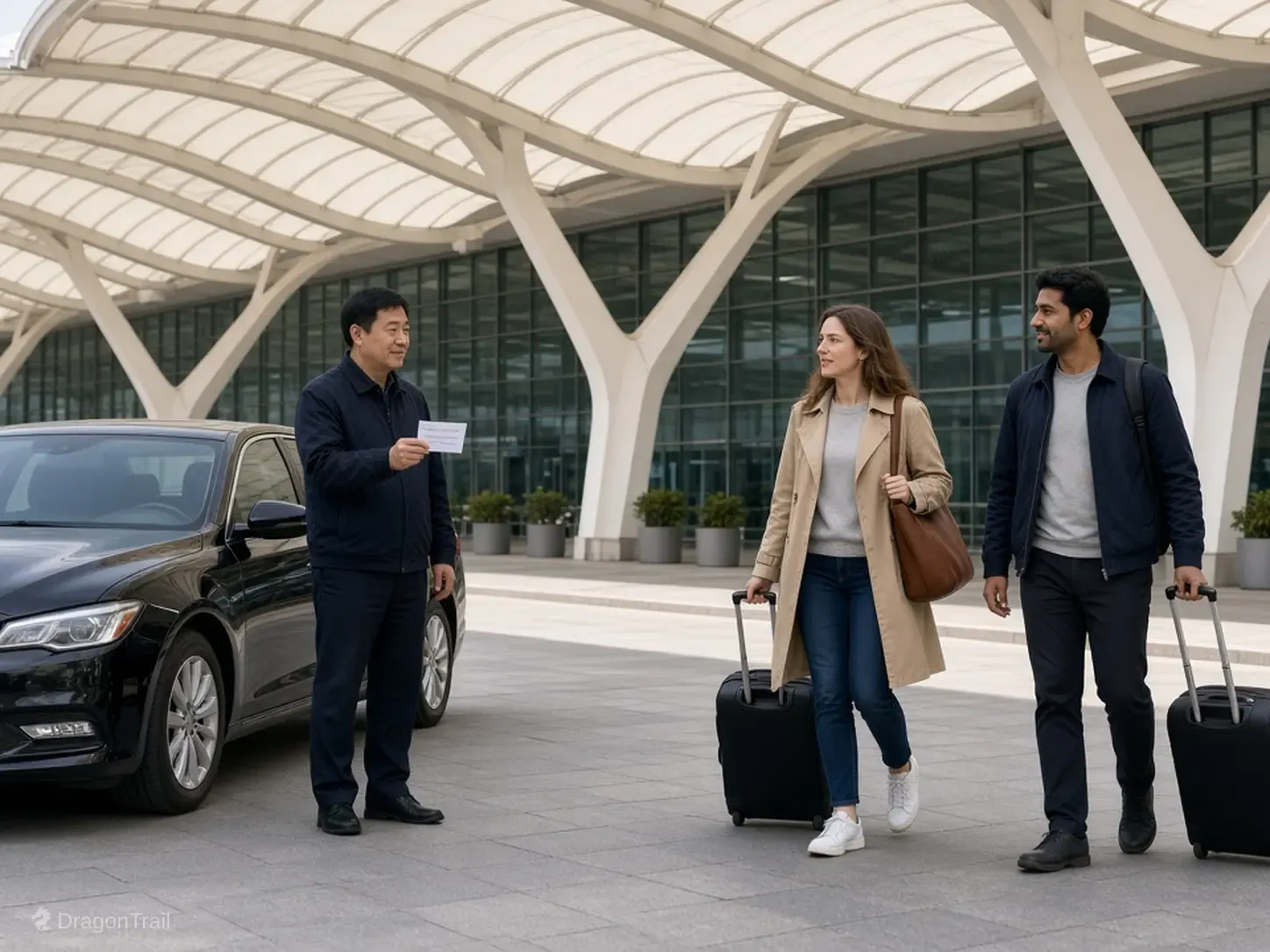 A Chinese driver with a name card stands by a black sedan while two international travelers with roller cases approach the landside curb under the wave canopy at Changsha Huanghua International Airport