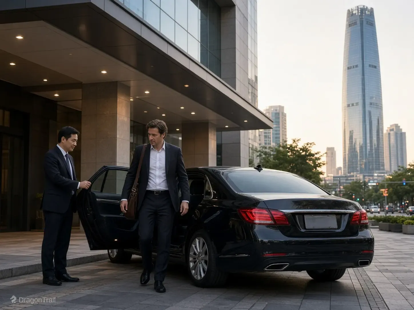 A Chinese driver holds the rear door of a black executive sedan as a business traveler with a laptop bag leaves a building canopy near Changsha IFS in the Wuyi Square CBD