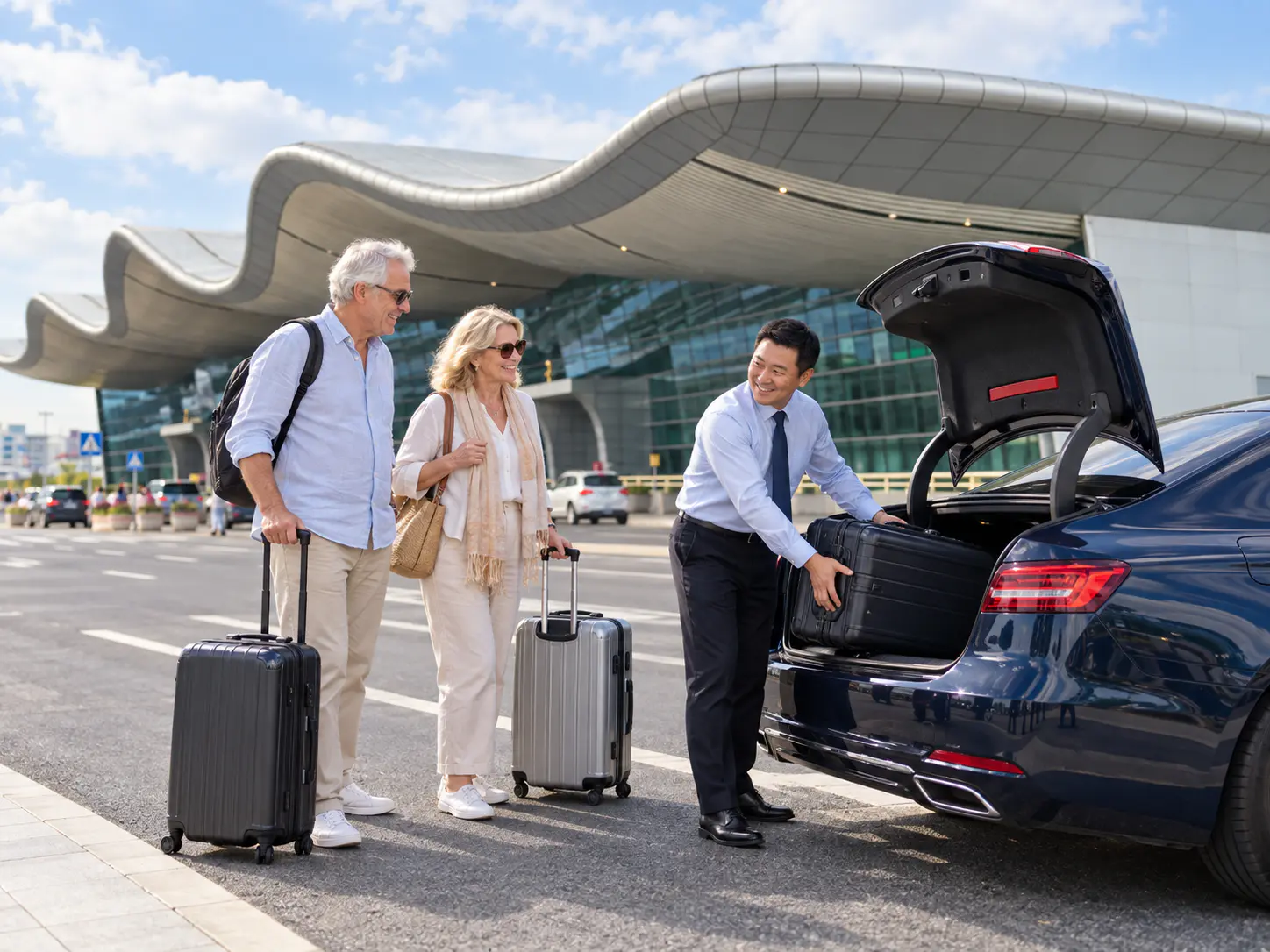 Chinese driver loading luggage into a navy sedan beside two travelers with the undulating Chaoshan Airport terminal roof behind them
