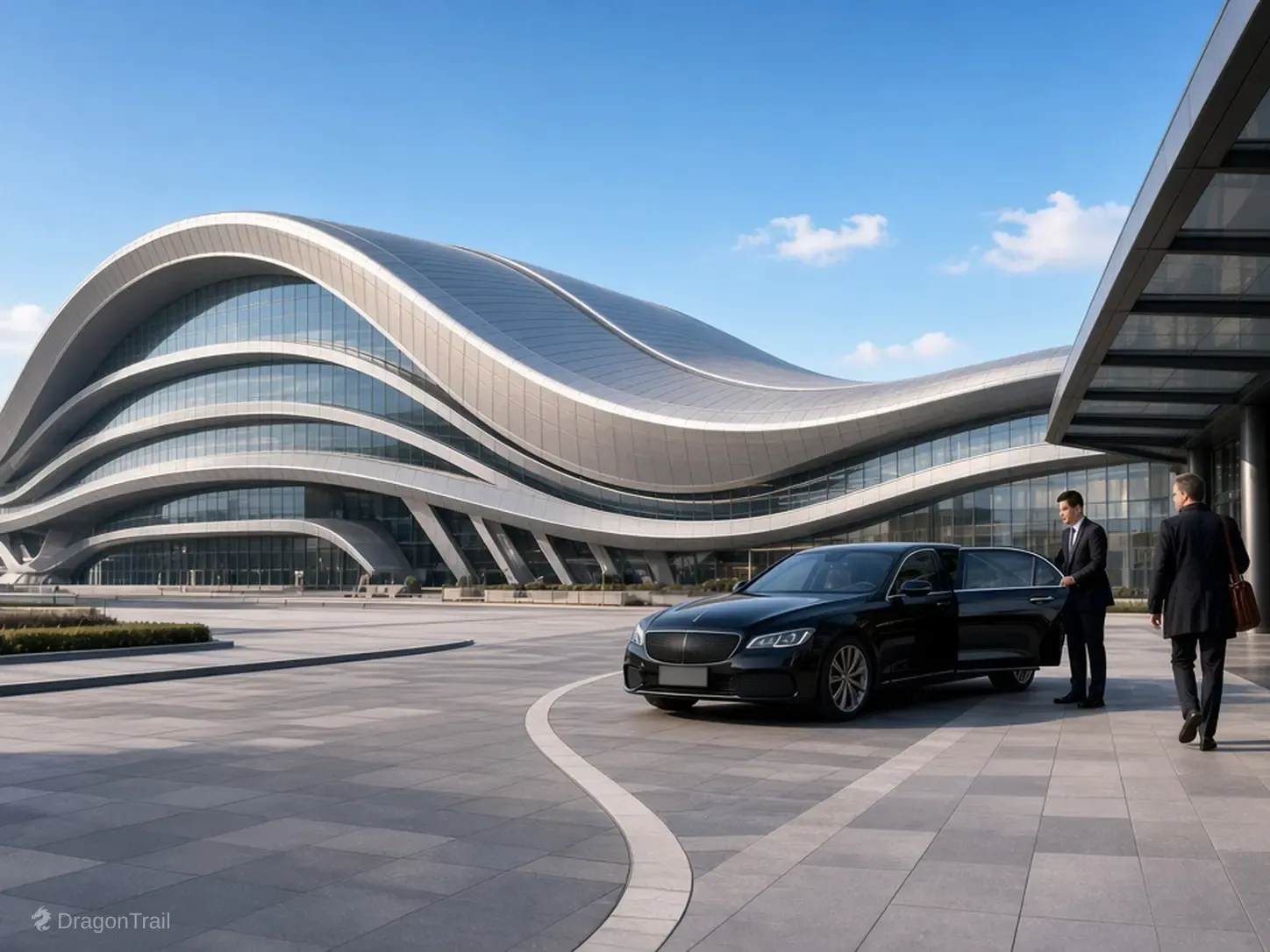 A Chinese driver opens the rear door of a black executive sedan for a business traveler under a glass canopy, with the curved Dalian International Conference Center behind