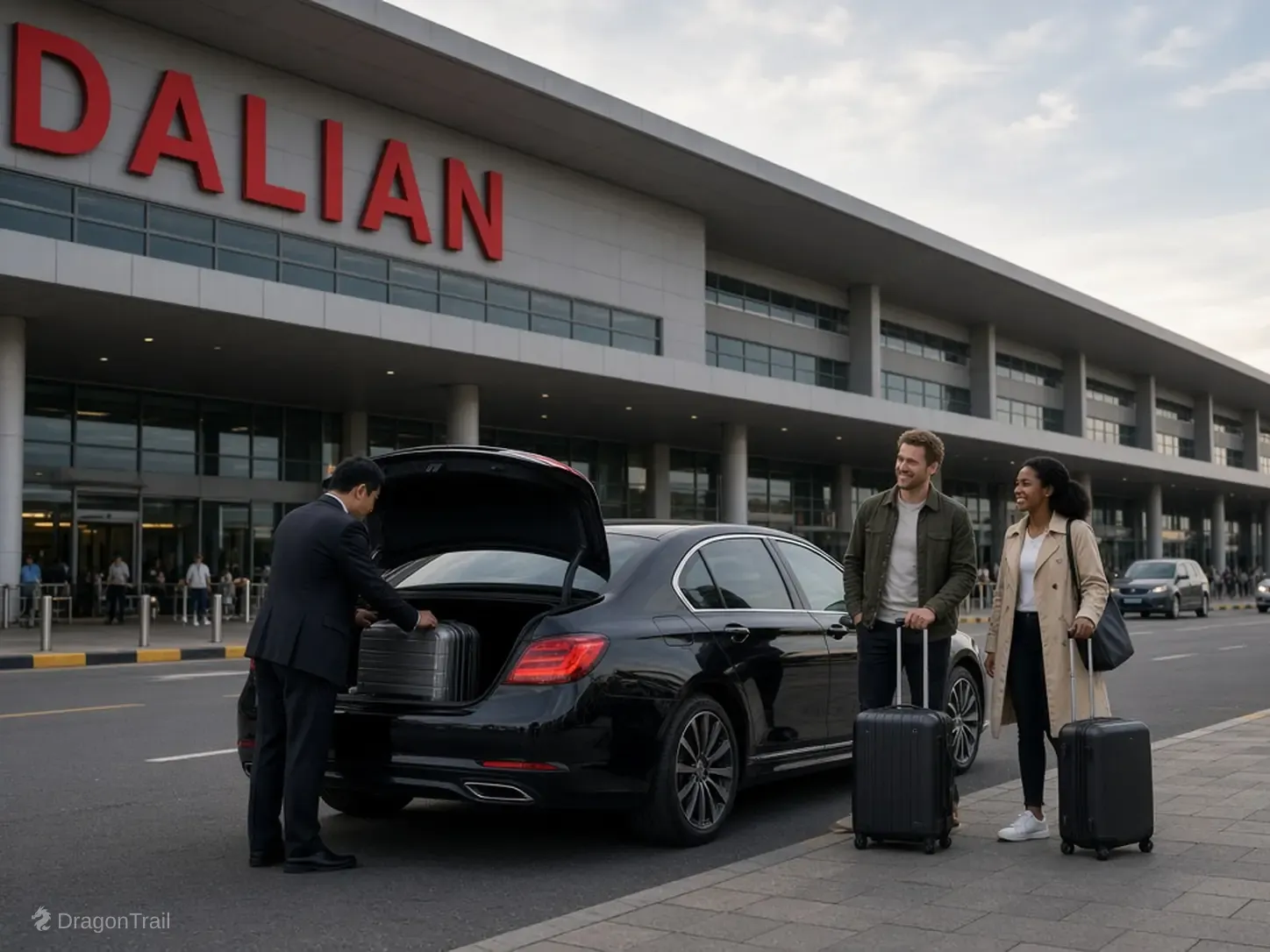 A Chinese driver loads a suitcase into the trunk of a black sedan while two travelers wait with roller cases outside Dalian Zhoushuizi Airport terminal