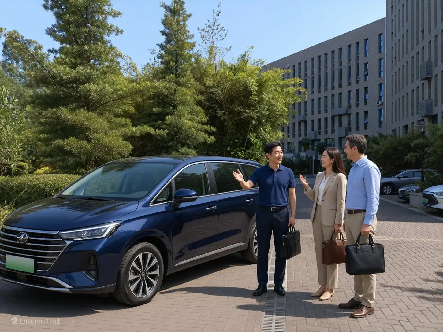 A driver in a navy shirt greets two business travelers with bags beside a navy MPV in front of a glass office building and trees