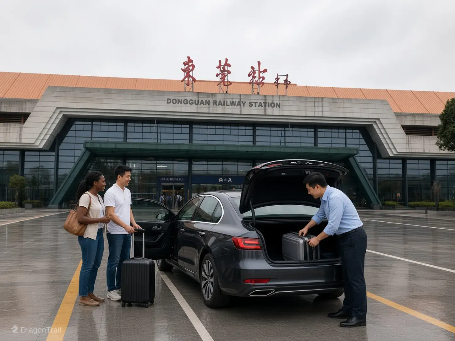 A driver in a light blue shirt loads a suitcase into a dark sedan while two travelers wait with luggage outside Dongguan Railway Station