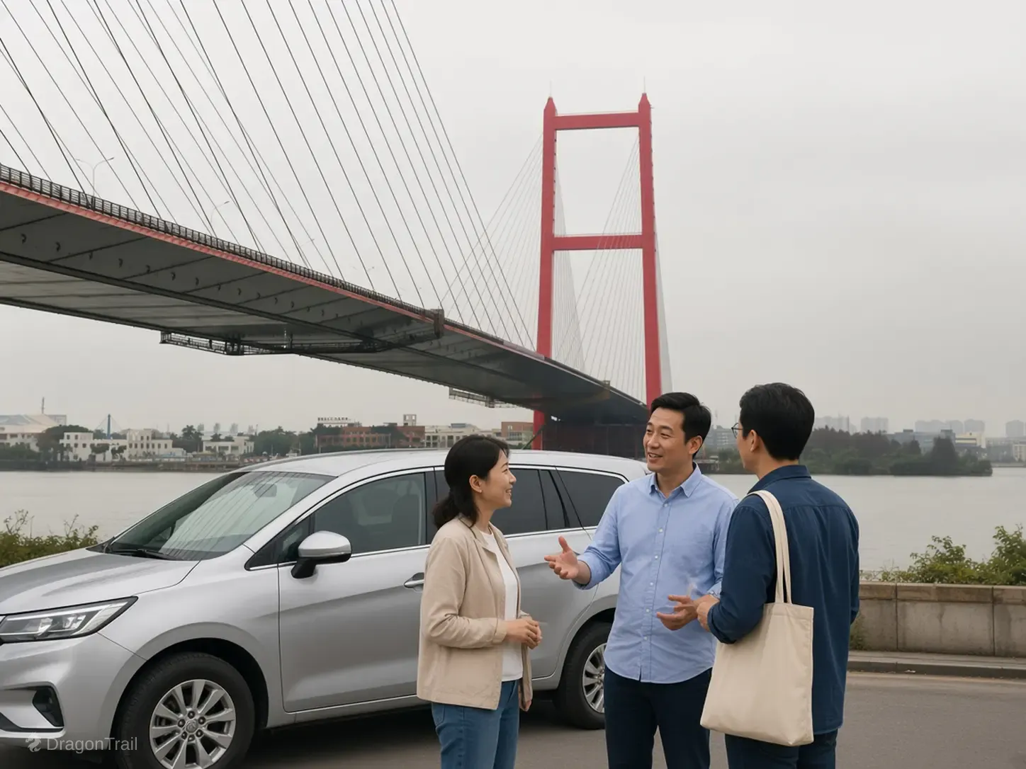 Three people talk beside a silver vehicle on a riverside road, with the red cable-stayed pylon of Shunde Bridge behind them