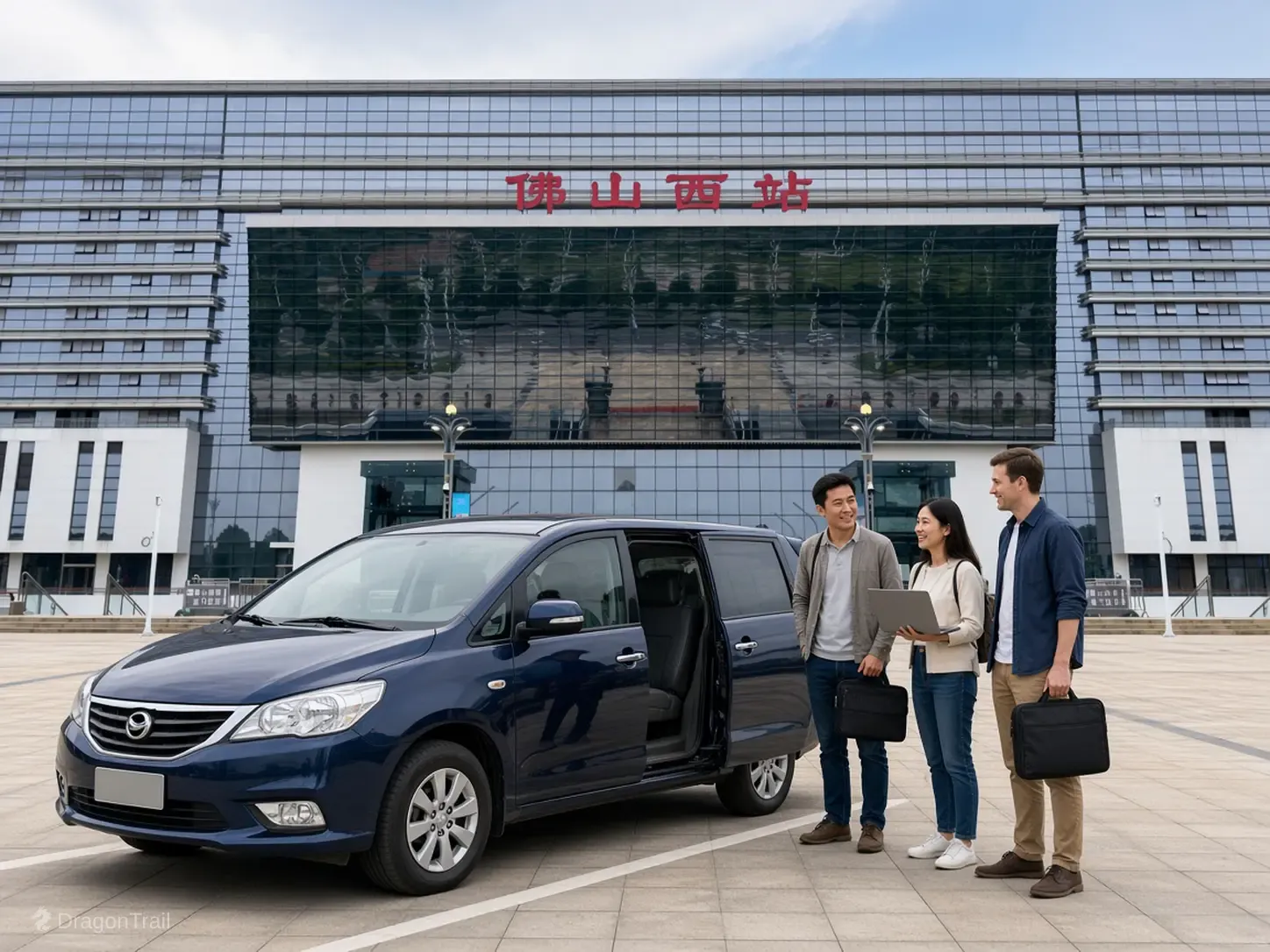 Three travelers with bags stand beside a navy MPV with the side door open, in front of Foshan West Railway Station and the sign 佛山西站