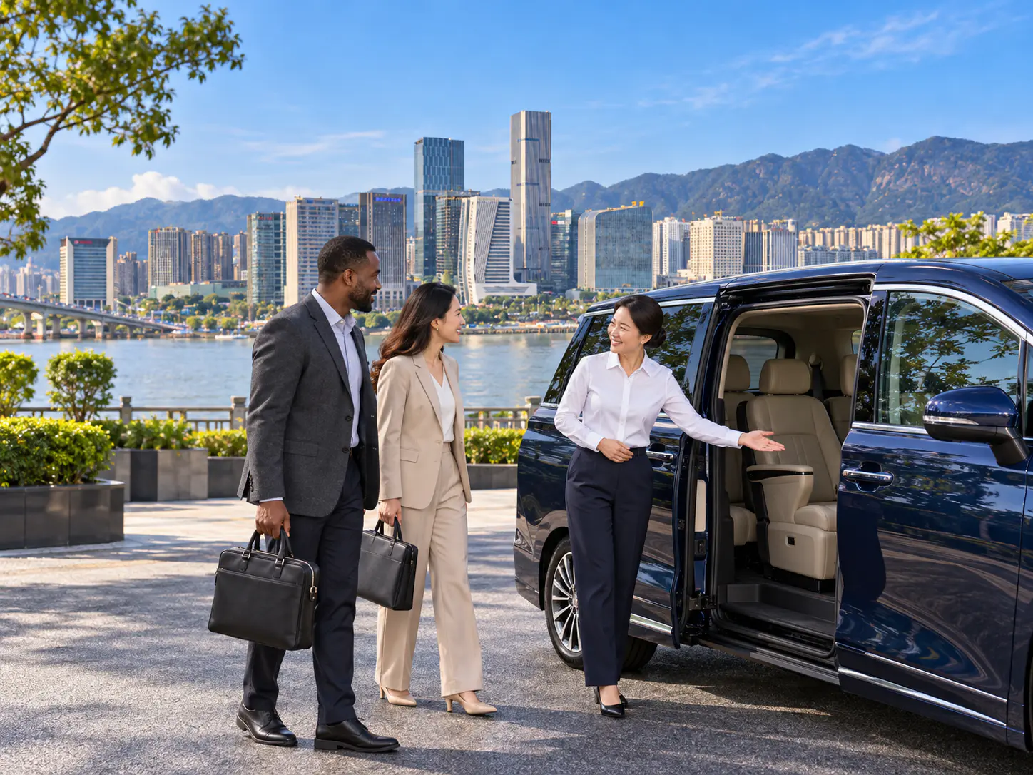 Chinese woman driver welcoming two business travelers beside a navy MPV with Fuzhou's Min River skyline behind them