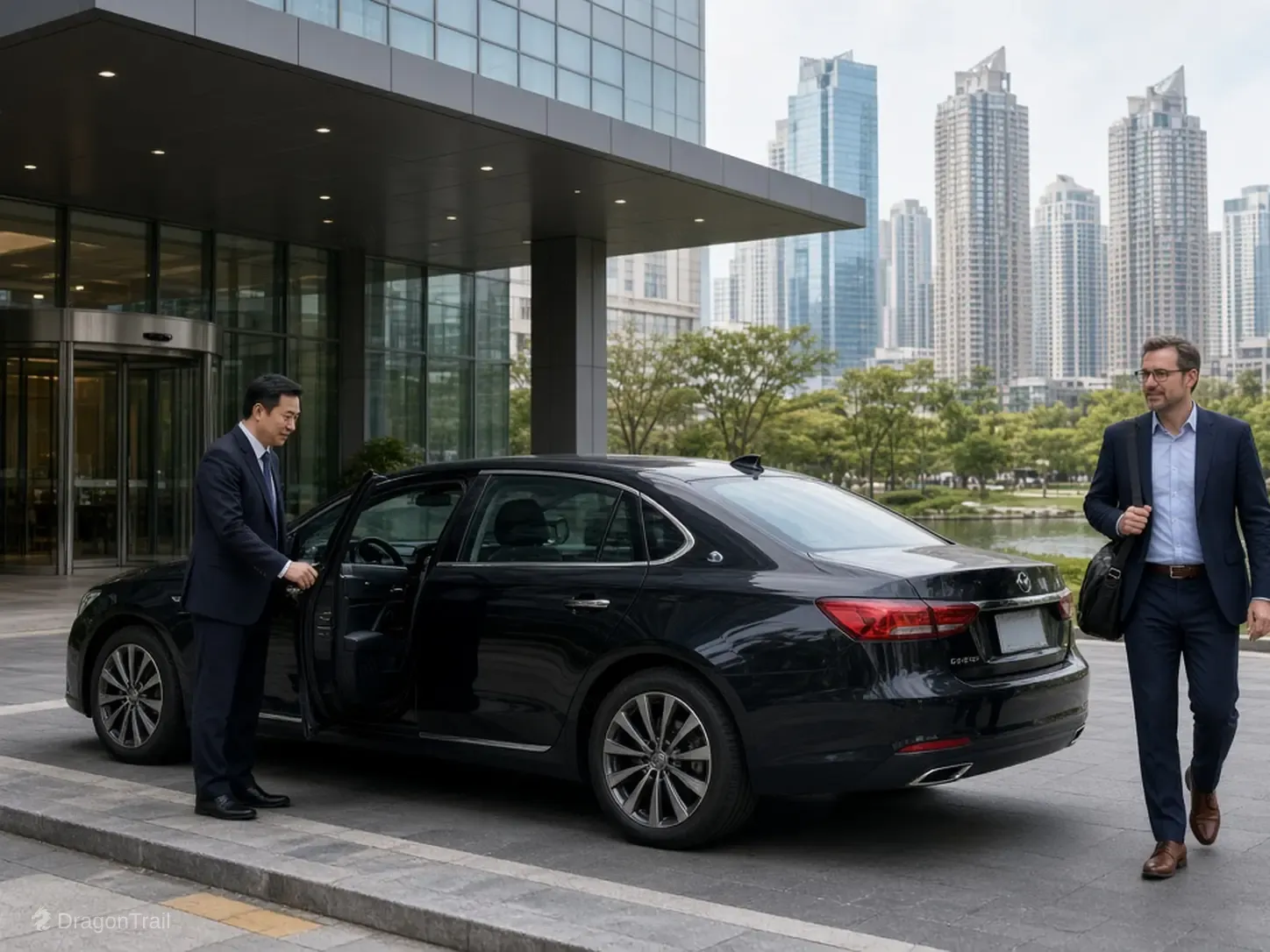 A Chinese driver holds the rear door of a black executive sedan as a business traveler with a laptop bag leaves a building canopy with the Guanshanhu glass-tower skyline and park greenery behind