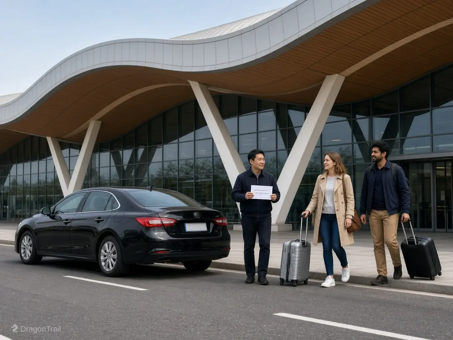 A Chinese driver with a name card stands by a black sedan while two international travelers with roller cases approach the landside curb under the scalloped Terminal 3 canopy at Guiyang Longdongbao International Airport