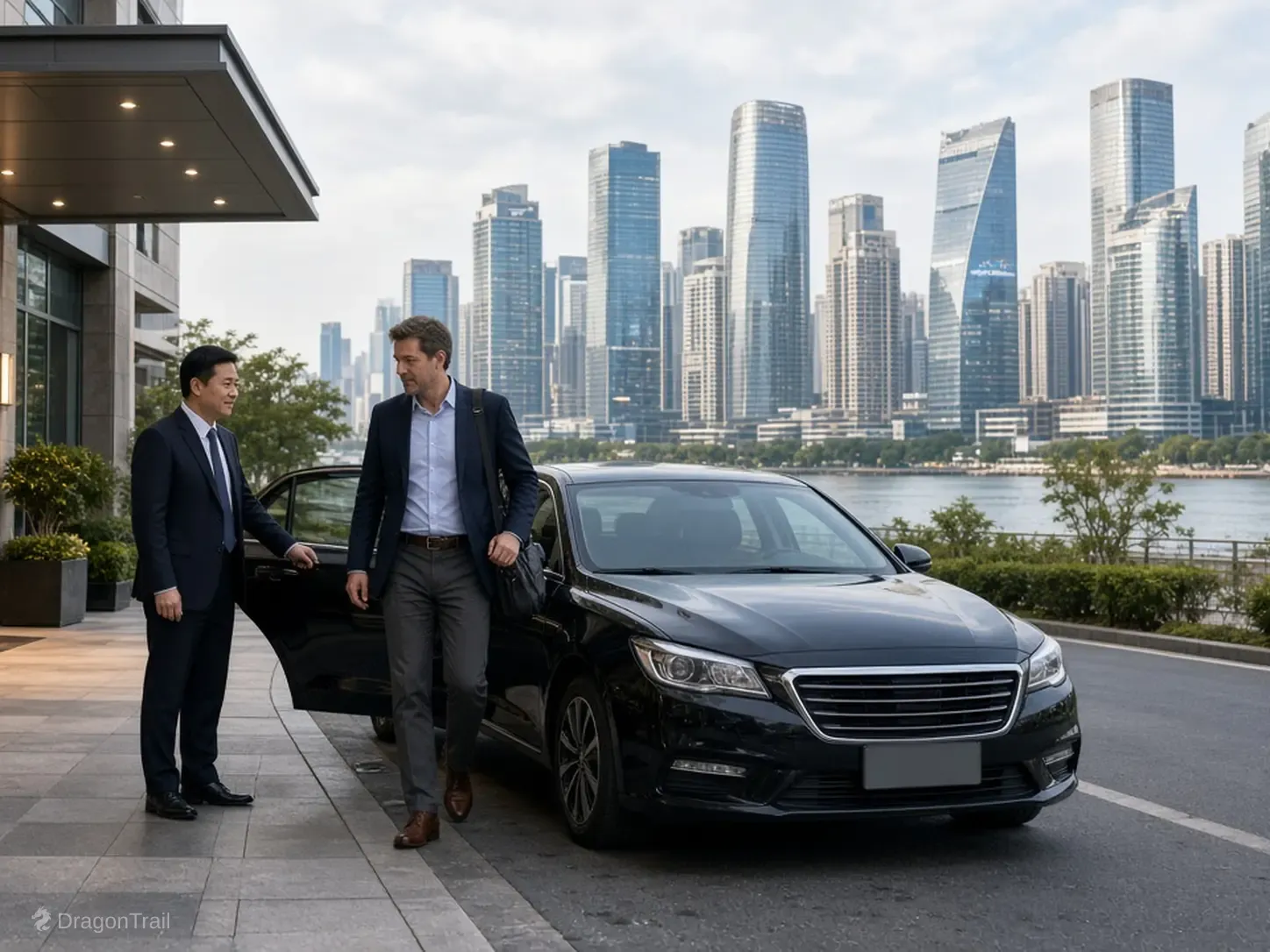 A Chinese driver holds the rear door of a black executive sedan as a business traveler with a laptop bag leaves a building canopy with the Guomao and Longhua glass-tower skyline behind