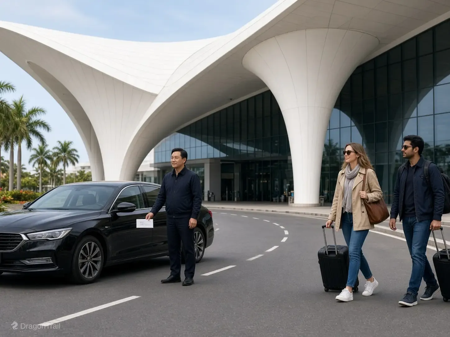A Chinese driver with a name card stands by a black sedan while two international travelers with roller cases approach the landside curb under the white sail canopy at Haikou Meilan International Airport Terminal 2