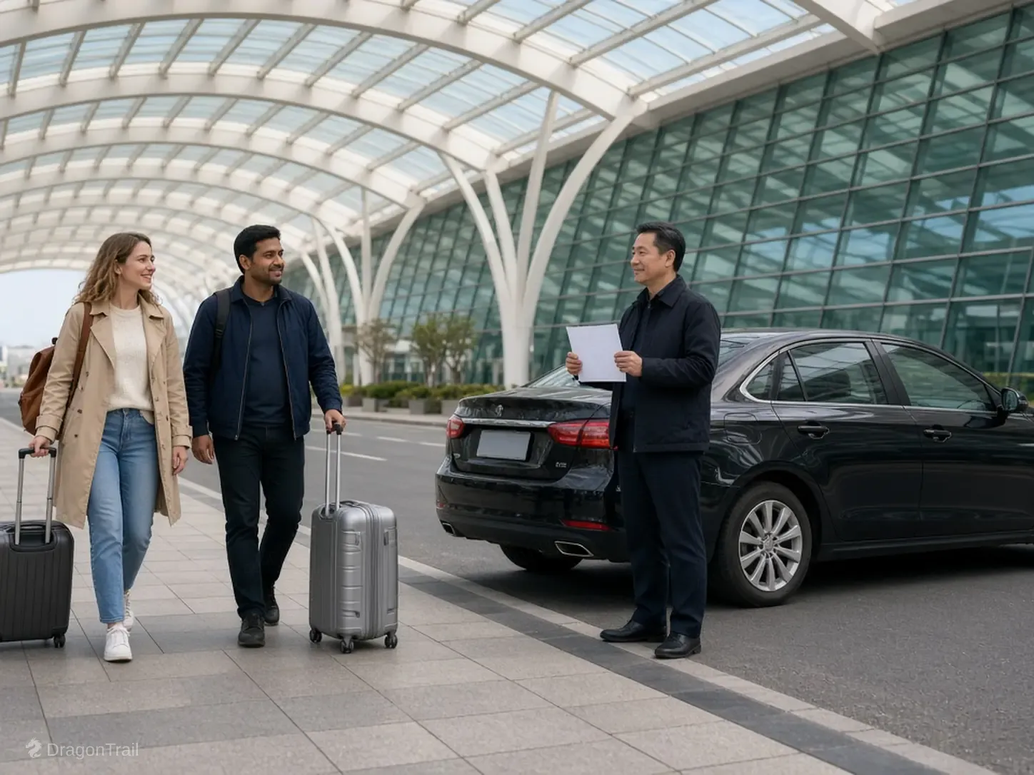 A Chinese driver with a name card stands by a black sedan while two international travelers with roller cases approach the landside curb under the arched glass canopy at Hefei Xinqiao International Airport