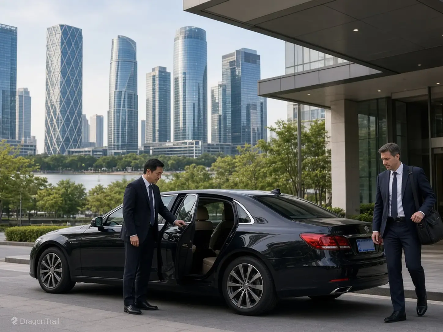 A Chinese driver holds the rear door of a black executive sedan as a business traveler with a laptop bag leaves a building canopy with the Swan Lake CBD towers behind