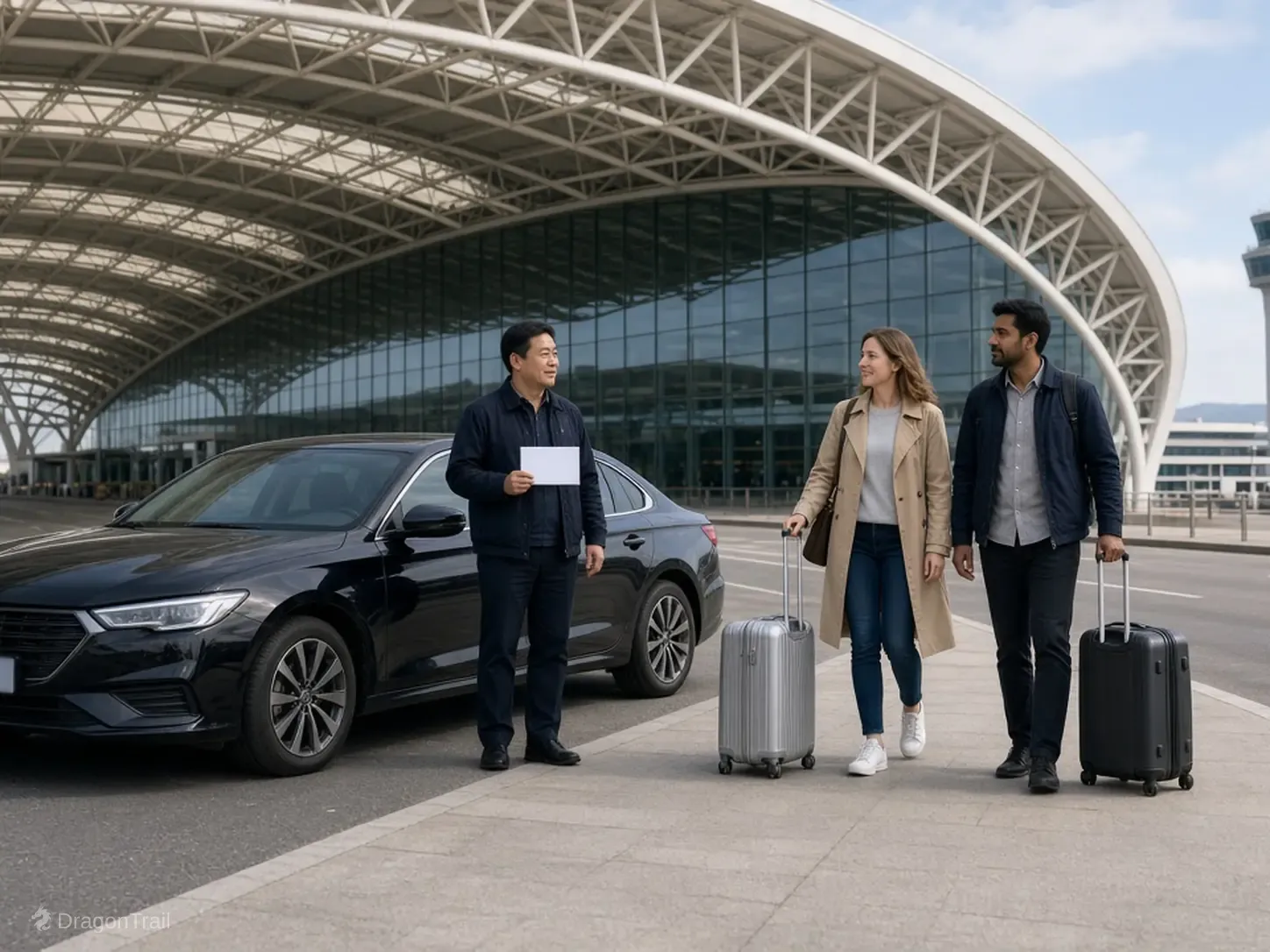 A Chinese driver with a name card stands by a black sedan while two international travelers with roller cases approach a landside curb under the white arched lattice roof of Hohhot Baita International Airport