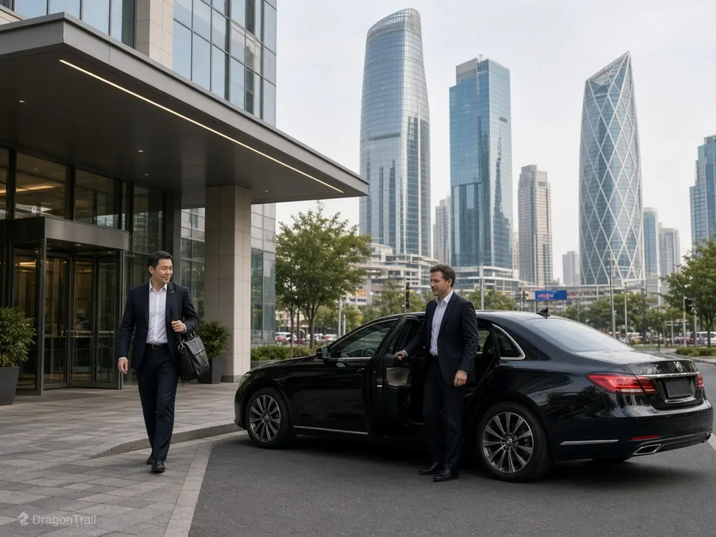 A Chinese driver holds the rear door of a black executive sedan as a business traveler with a laptop bag leaves a building canopy with the Ruyi Bridge and East Xinhua Street glass-tower skyline behind