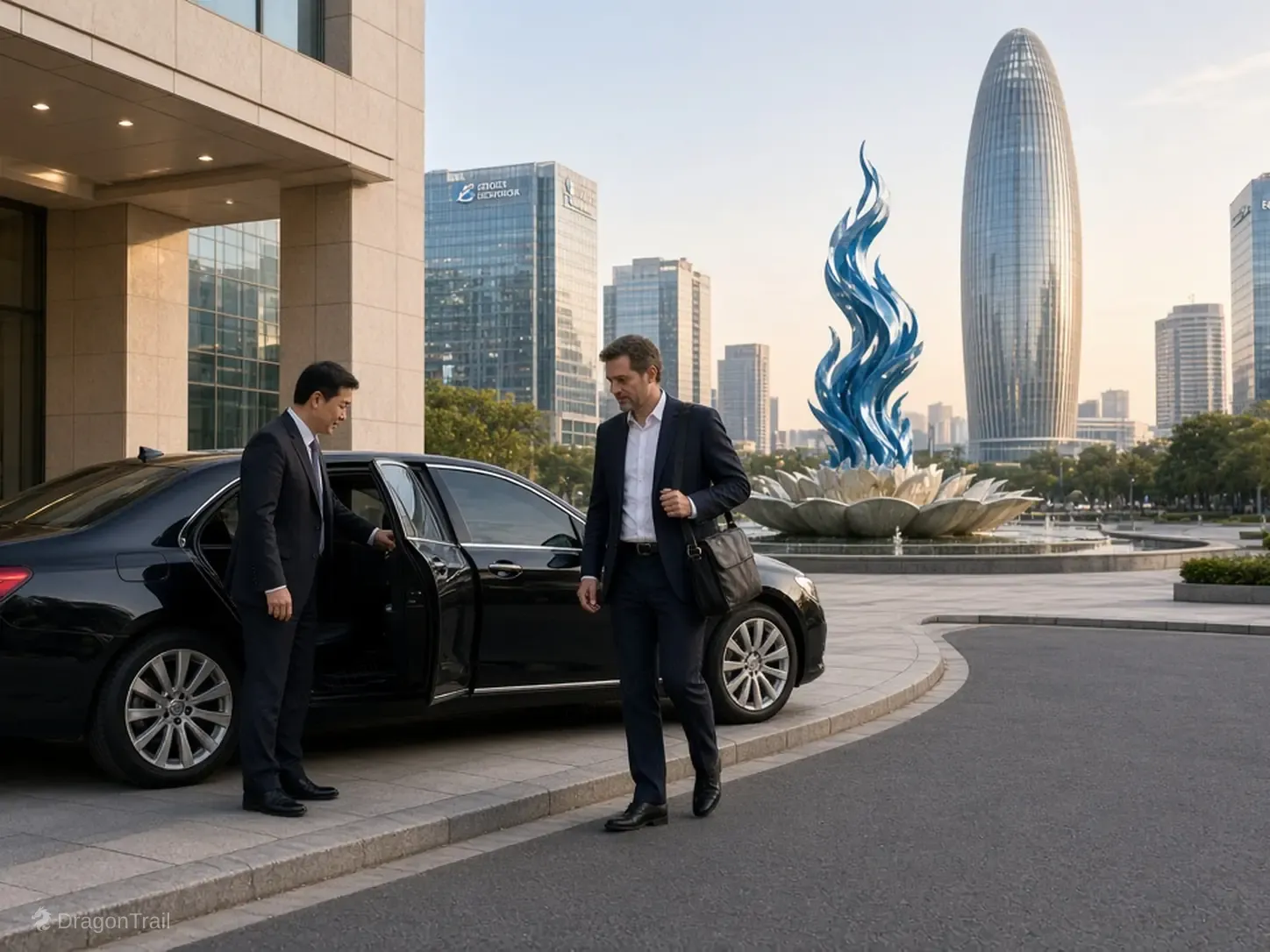 A Chinese driver holds the rear door of a black executive sedan as a business traveler with a laptop bag leaves a building canopy near Quancheng Square in Jinan’s CBD