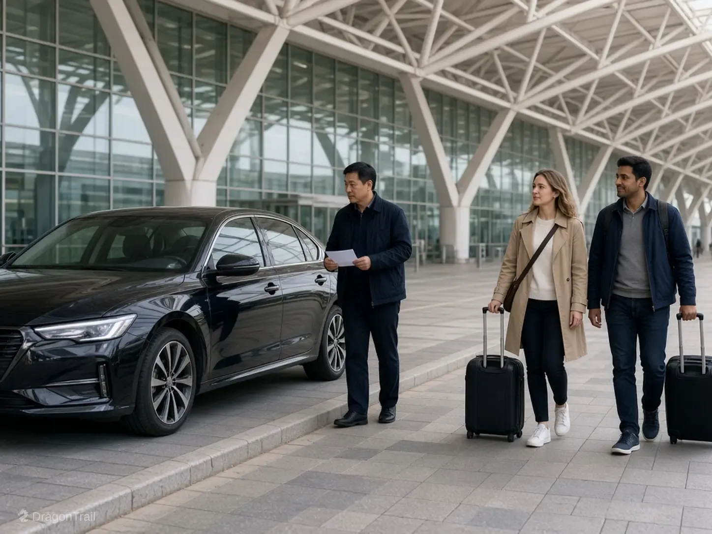 A Chinese driver with a name card stands by a black sedan while two international travelers with roller cases approach the landside curb under the canopy at Jinan Yaoqiang International Airport